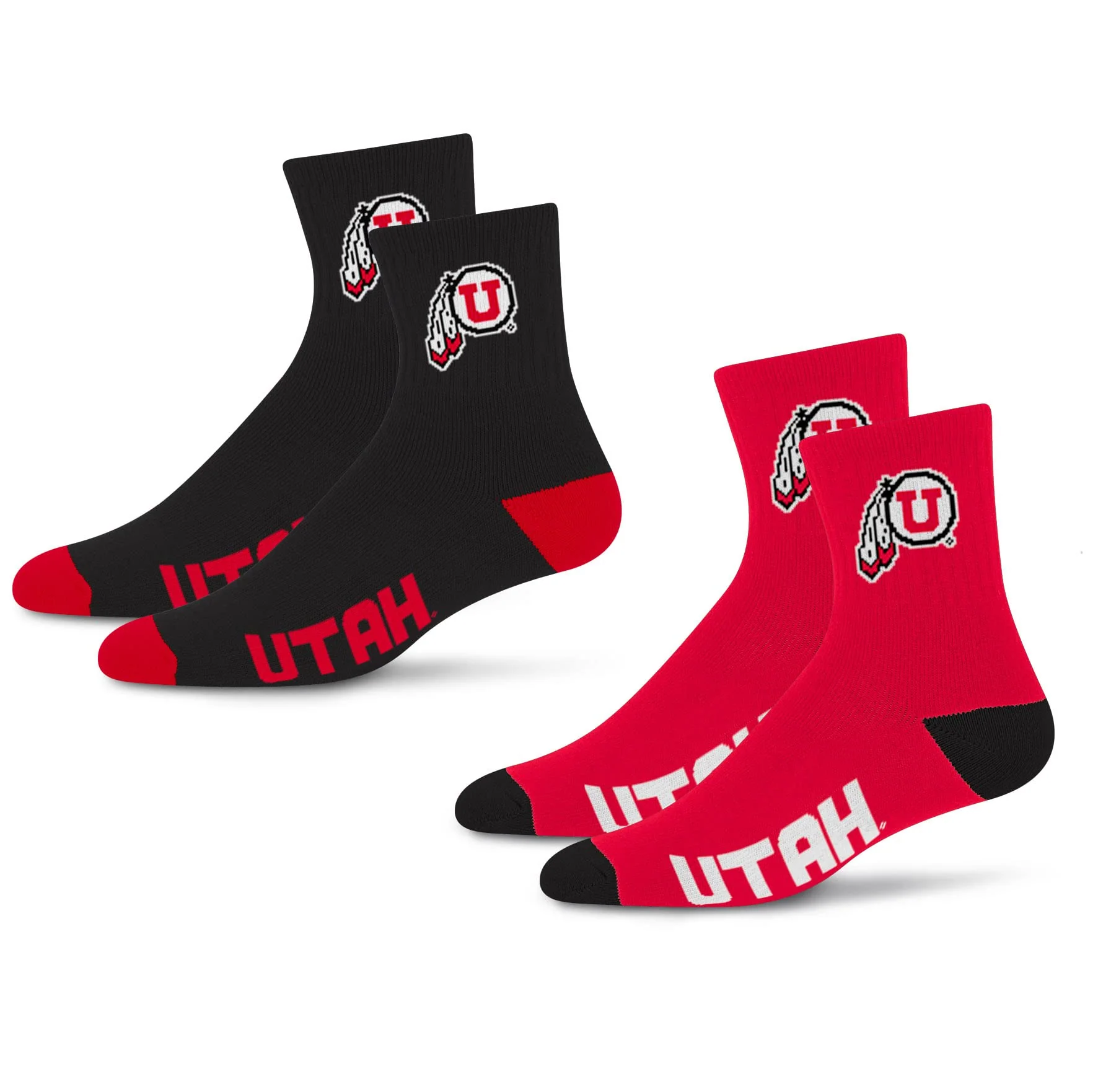 For Bare Feet NCAA Utah Utes Quarter Sock Two Pack Team Colors Large
