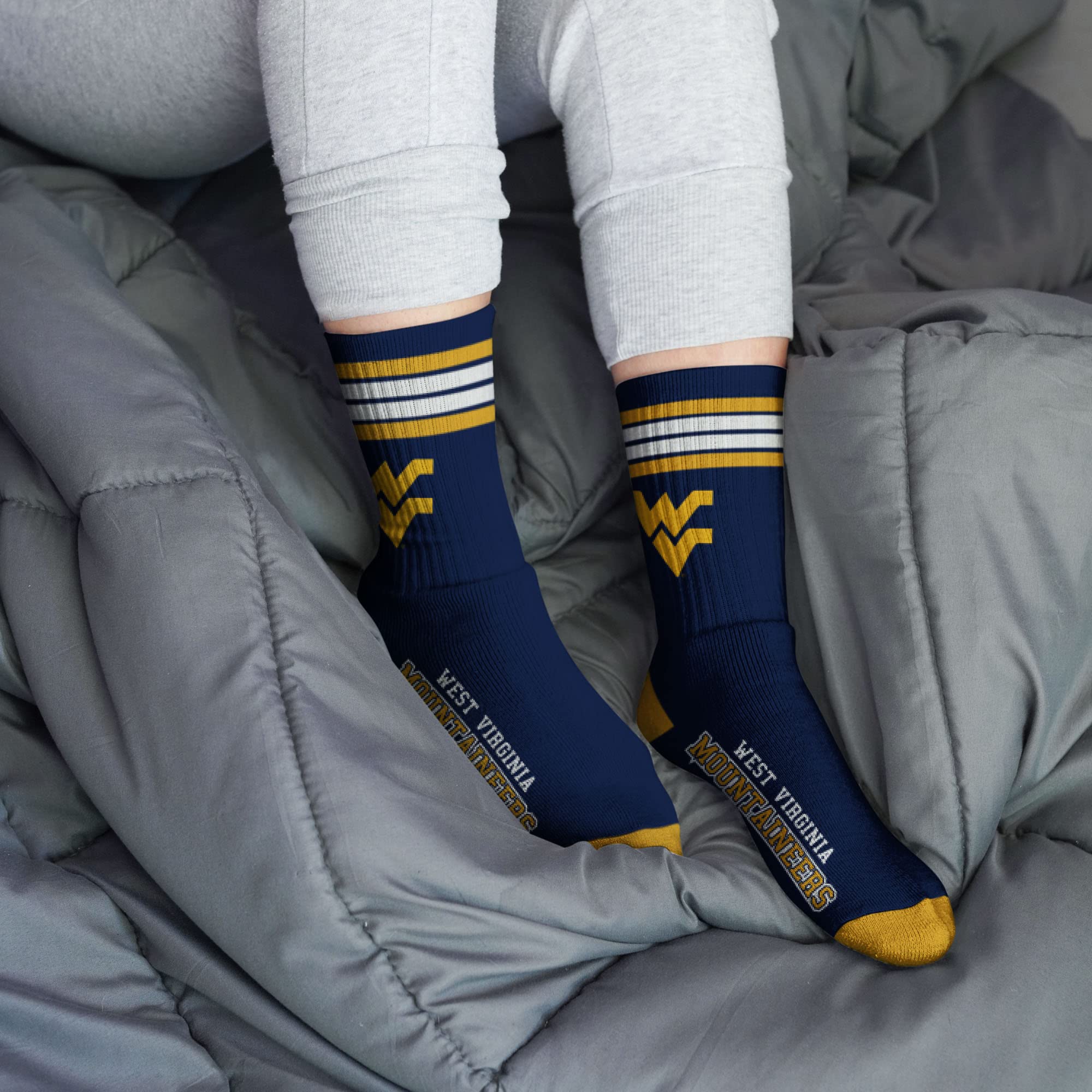 For Bare Feet NCAA West Virginia Mountaineers 4 Stripe Deuce Crew Sock Team Color MEDIUM - Image 2