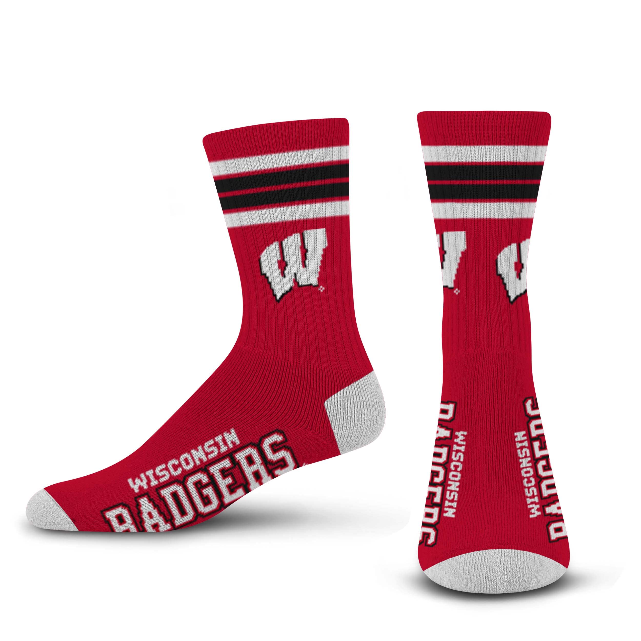 For Bare Feet NCAA Wisconsin Badgers 4 Stripe Deuce Crew Sock Team Color MEDIUM