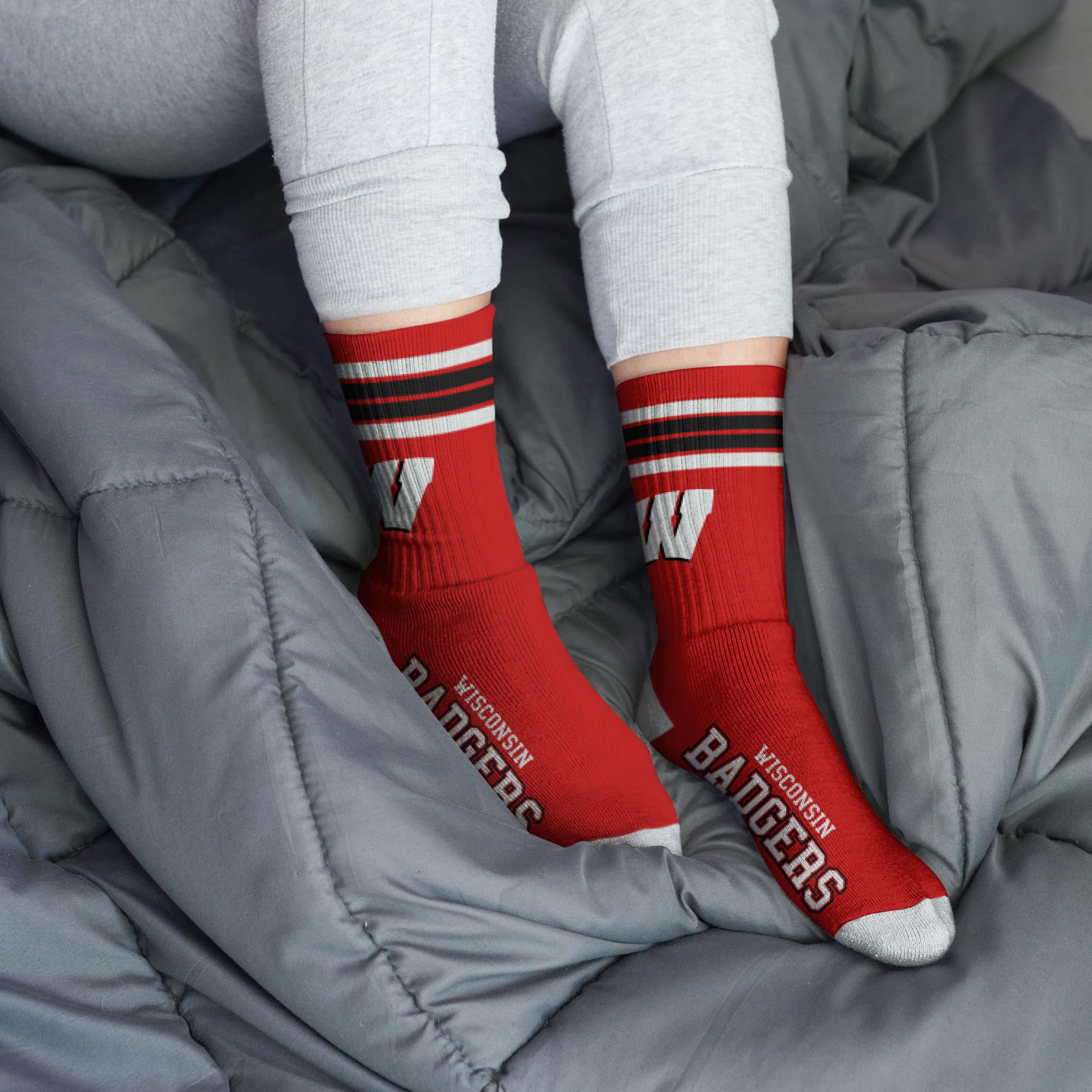 For Bare Feet NCAA Wisconsin Badgers 4 Stripe Deuce Crew Sock Team Color MEDIUM - Image 2