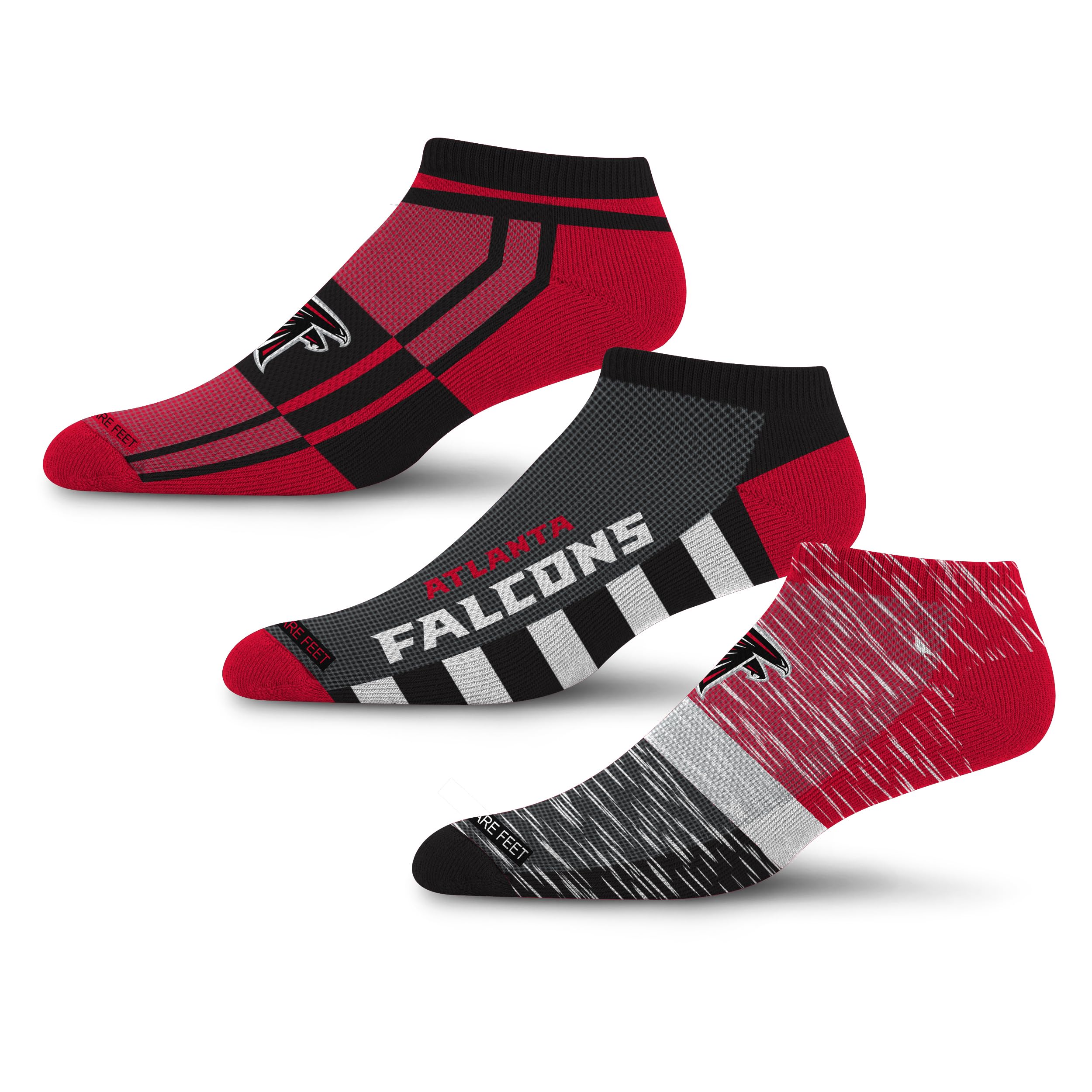 For Bare Feet NFL ATLANTA FALCONS Stripe Stack 3 Pack Ankle Sock Team Colors Large