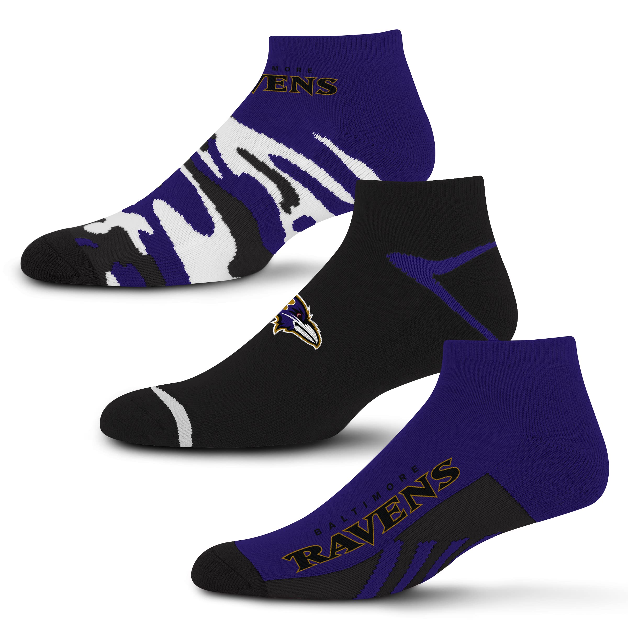 For Bare Feet NFL Baltimore Ravens CAMO BOOM 3 Pack Ankle Sock Team Colors Large