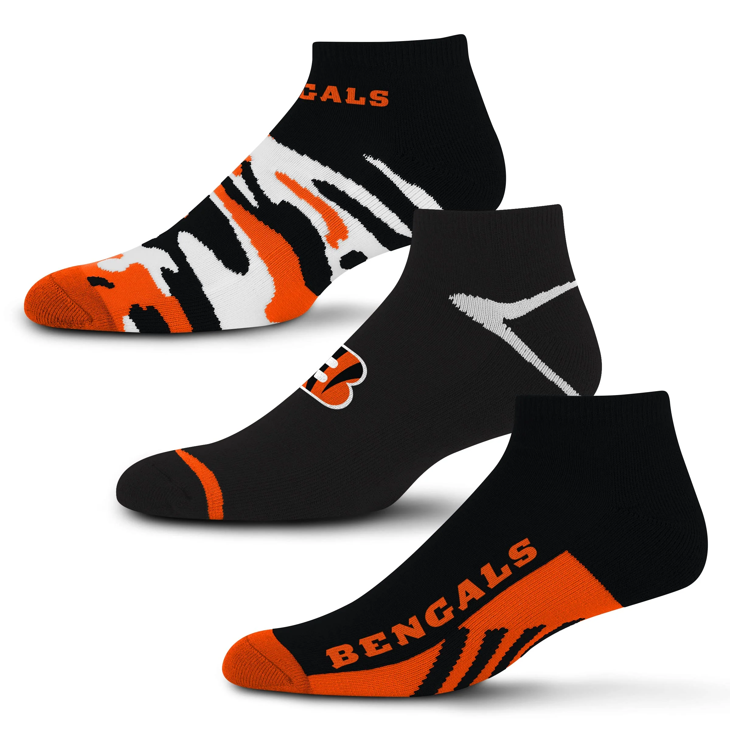 For Bare Feet NFL Cincinnati Bengals CAMO BOOM 3 Pack Ankle Sock Team Colors Large