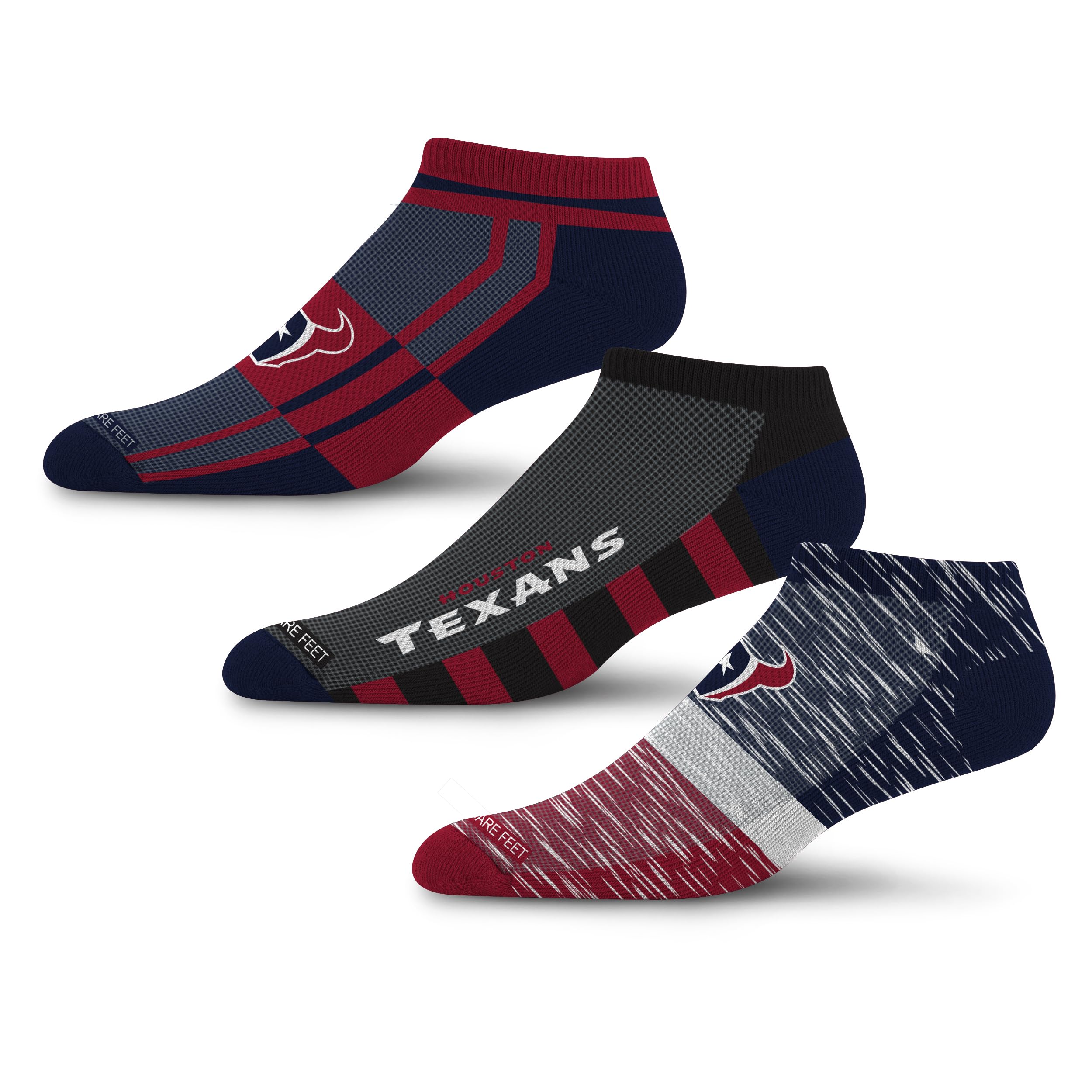 For Bare Feet NFL HOUSTON TEXANS Stripe Stack 3 Pack Ankle Sock Team Colors Large