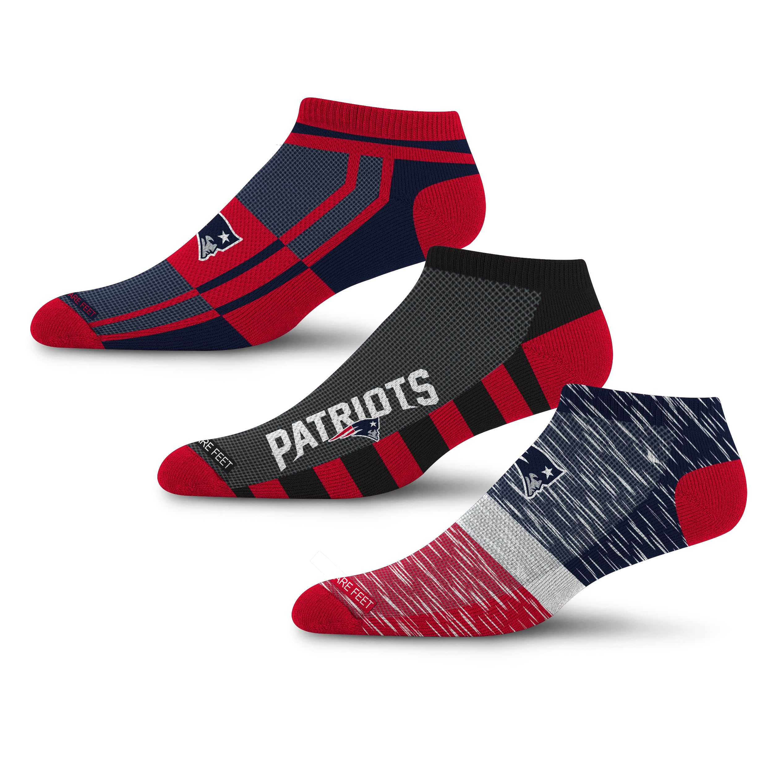 For Bare Feet NFL NEW ENGLAND PATRIOTS Stripe Stack 3 Pack Ankle Sock Team Colors Large