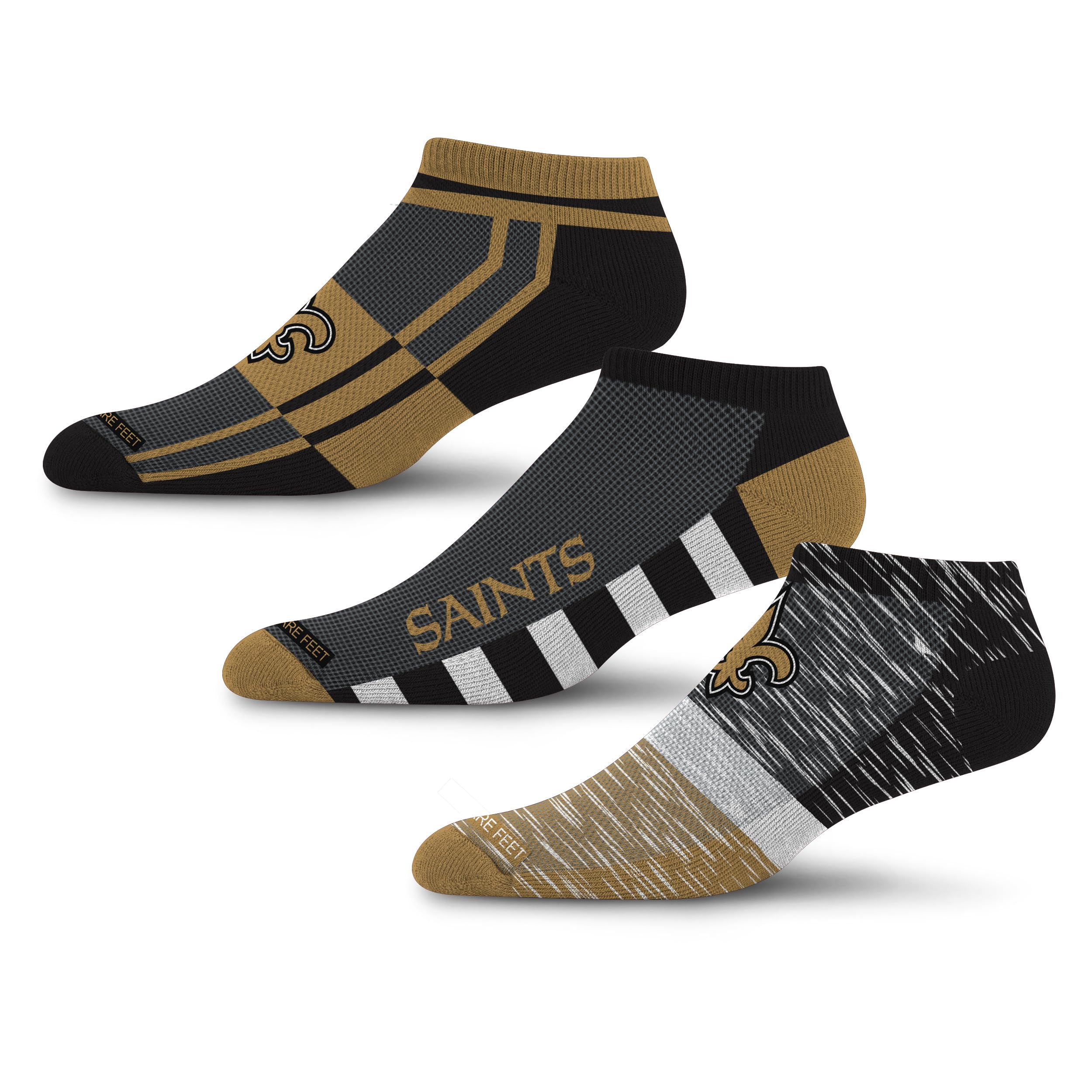 For Bare Feet NFL NEW ORLEANS SAINTS Stripe Stack 3 Pack Ankle Sock Team Colors Large