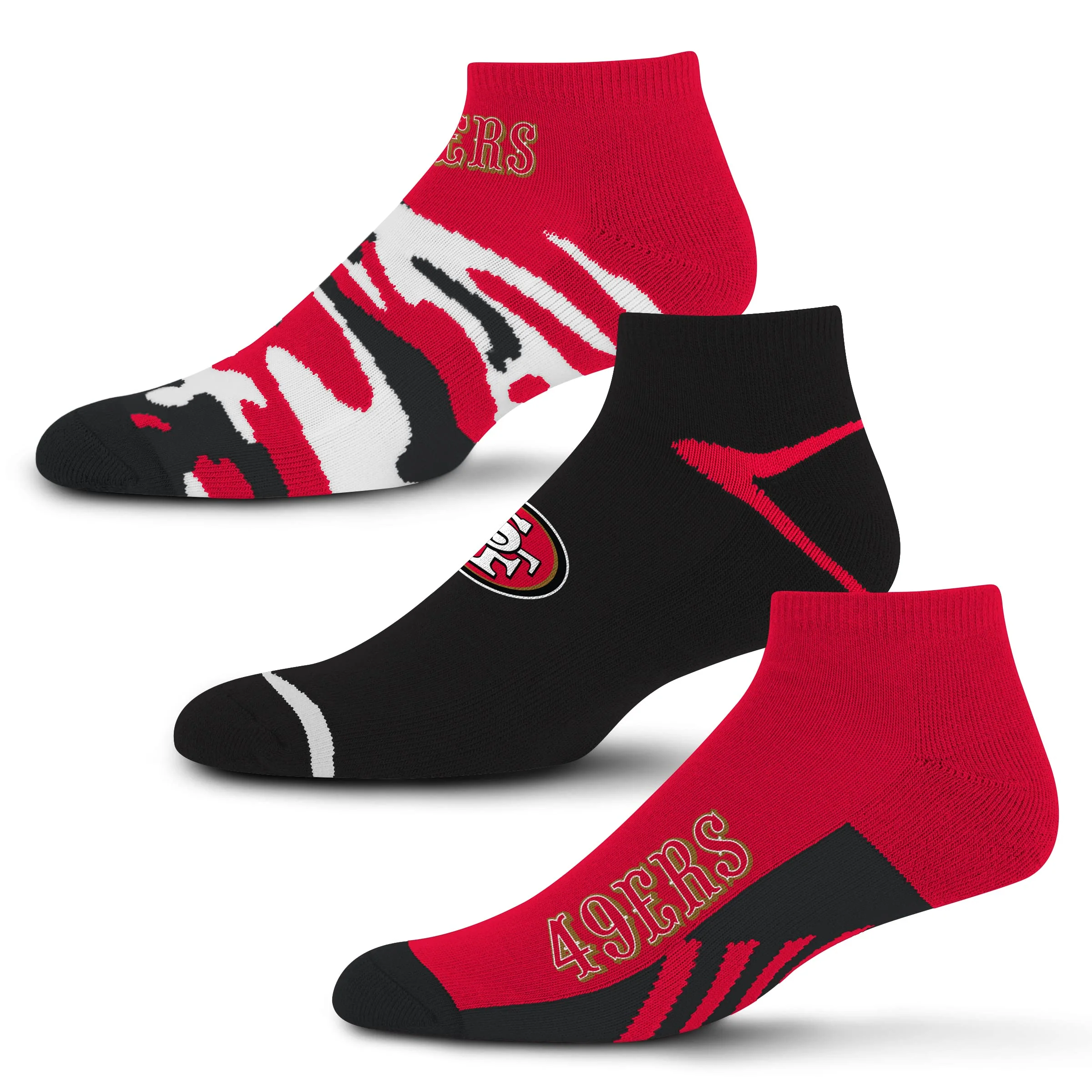 For Bare Feet NFL San Francisco 49ers CAMO BOOM 3 Pack Ankle Sock Team Colors Large
