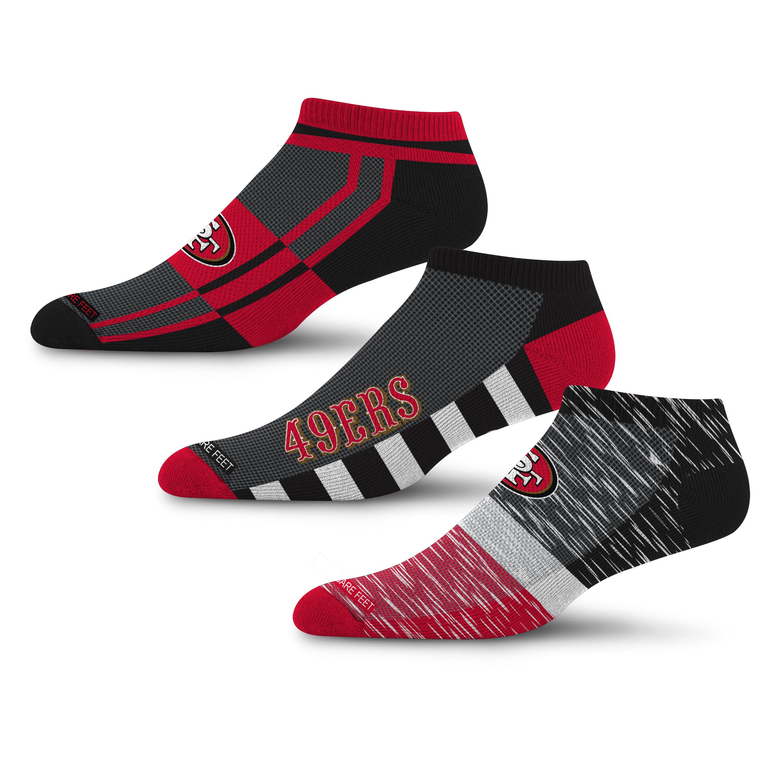 For Bare Feet NFL SAN FRANCISCO 49ERS Stripe Stack 3 Pack Ankle Sock Team Colors Large
