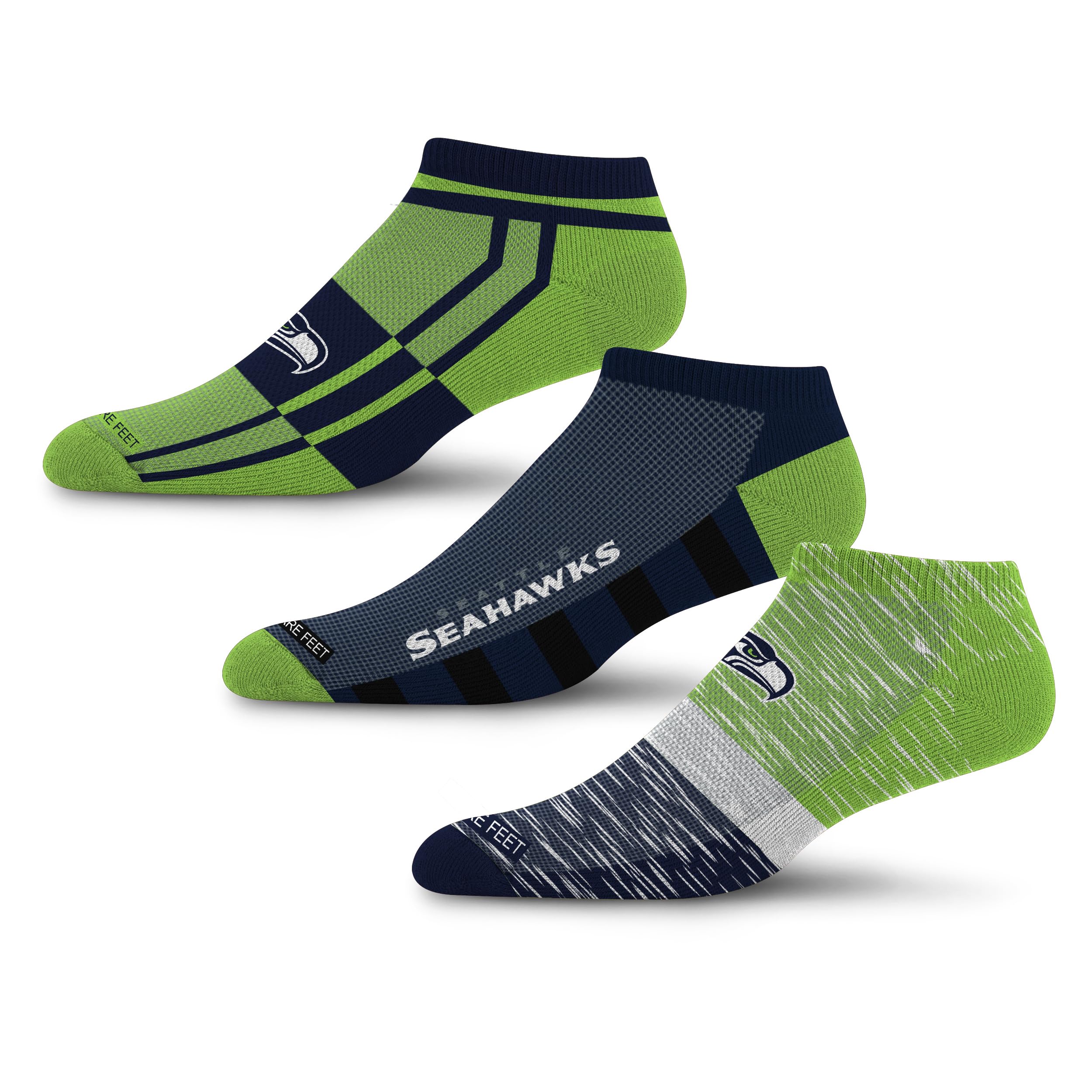 For Bare Feet NFL SEATTLE SEAHAWKS Stripe Stack 3 Pack Ankle Sock Team Colors Large