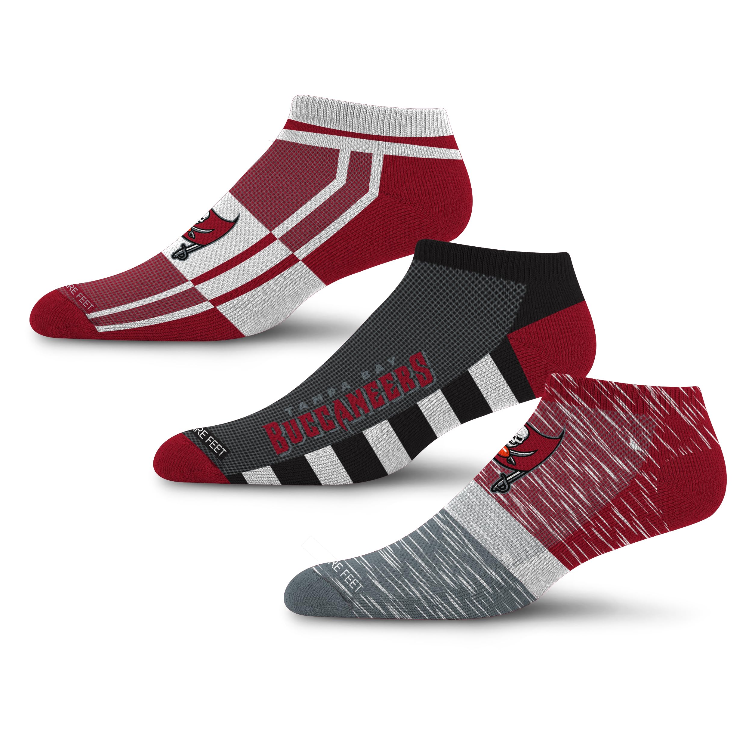 For Bare Feet NFL TAMPA BAY BUCCANEERS Stripe Stack 3 Pack Ankle Sock Team Colors Large