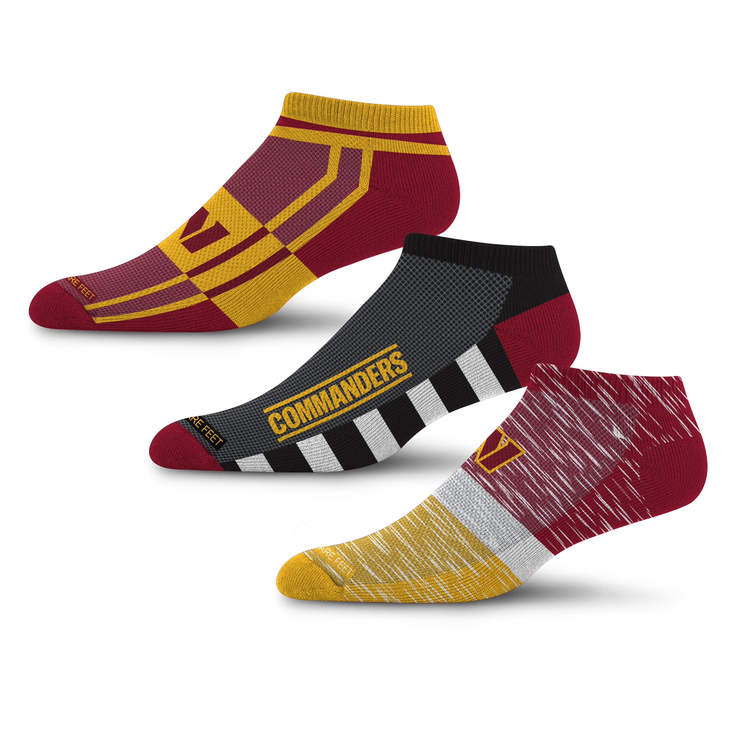 For Bare Feet NFL WASHINGTON COMMANDERS Stripe Stack 3 Pack Ankle Sock Team Colors Large