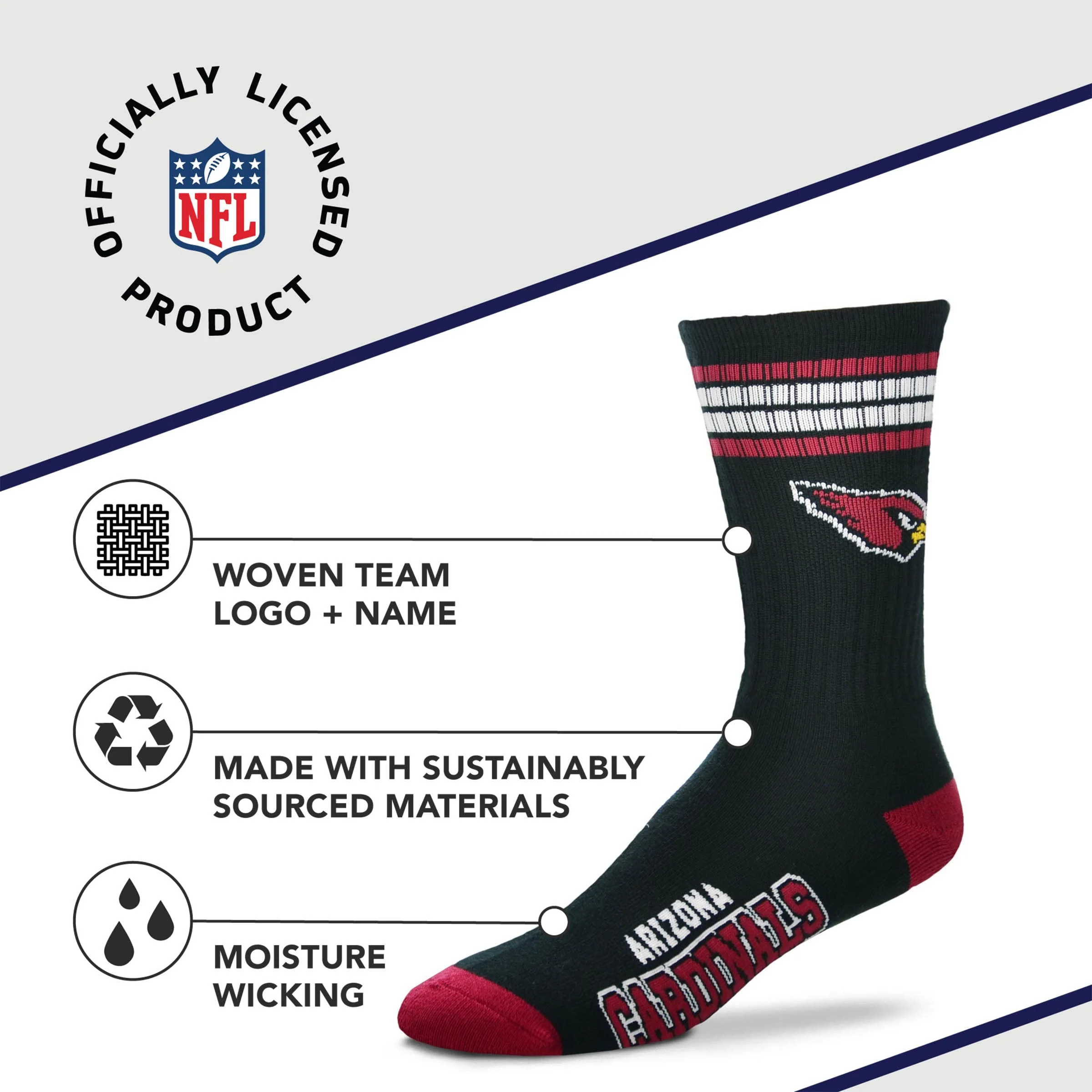For Bare Feet NFL Youth 4 Stripe Deuce Crew Sock, Arizona Cardinals, One Size - Image 3
