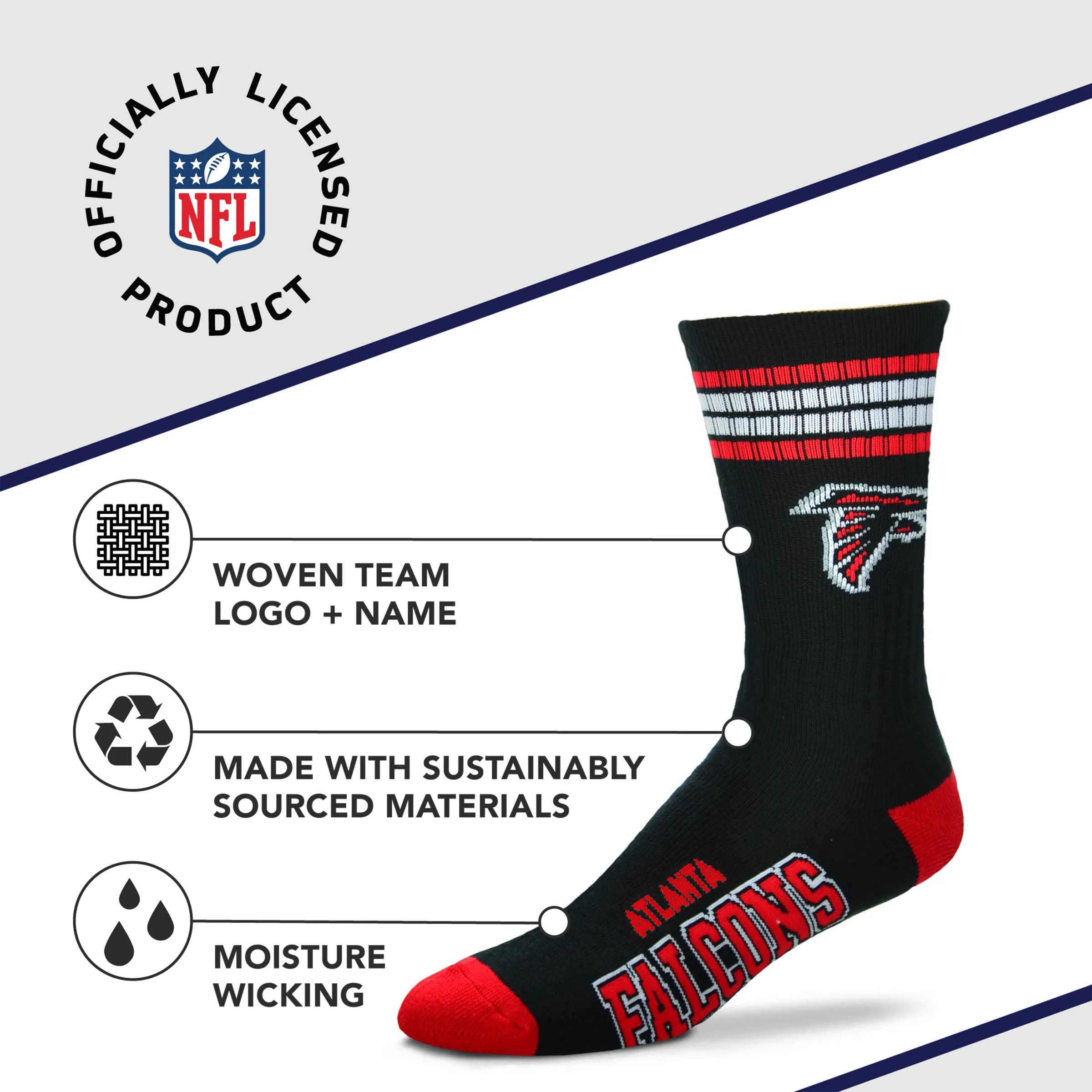 For Bare Feet NFL Youth 4 Stripe Deuce Crew Sock, Atlanta Falcons, One Size - Image 3