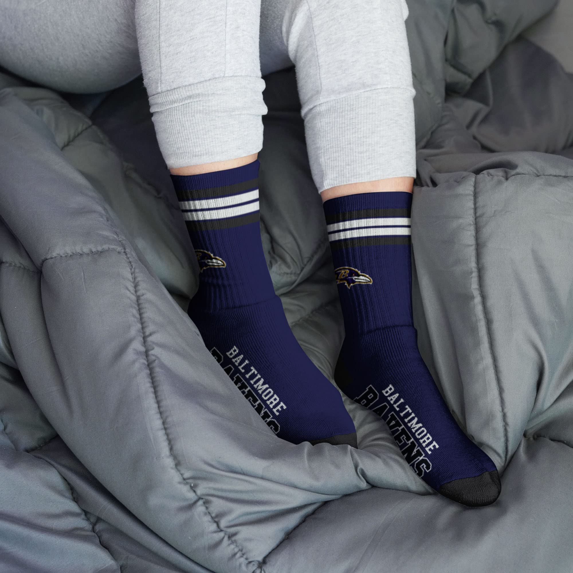 For Bare Feet NFL Youth 4 Stripe Deuce Crew Sock, Baltimore Ravens, One Size - Image 2