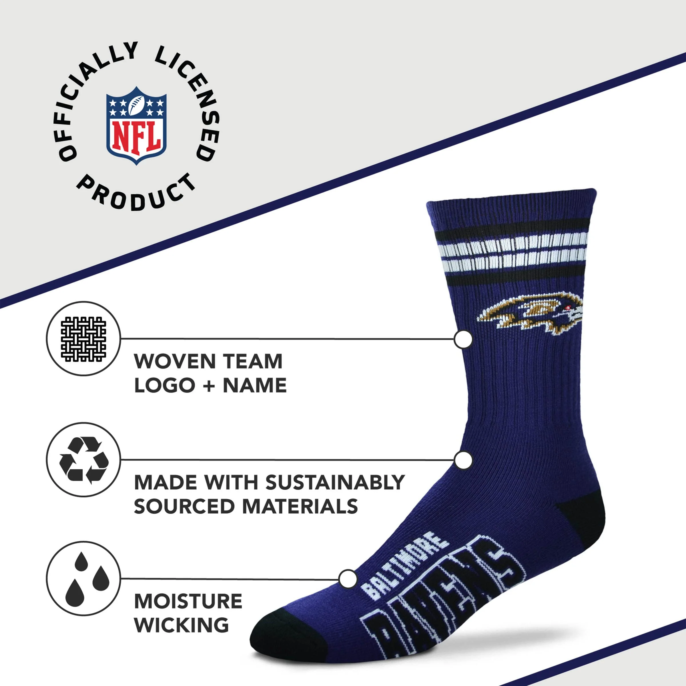 For Bare Feet NFL Youth 4 Stripe Deuce Crew Sock, Baltimore Ravens, One Size - Image 3