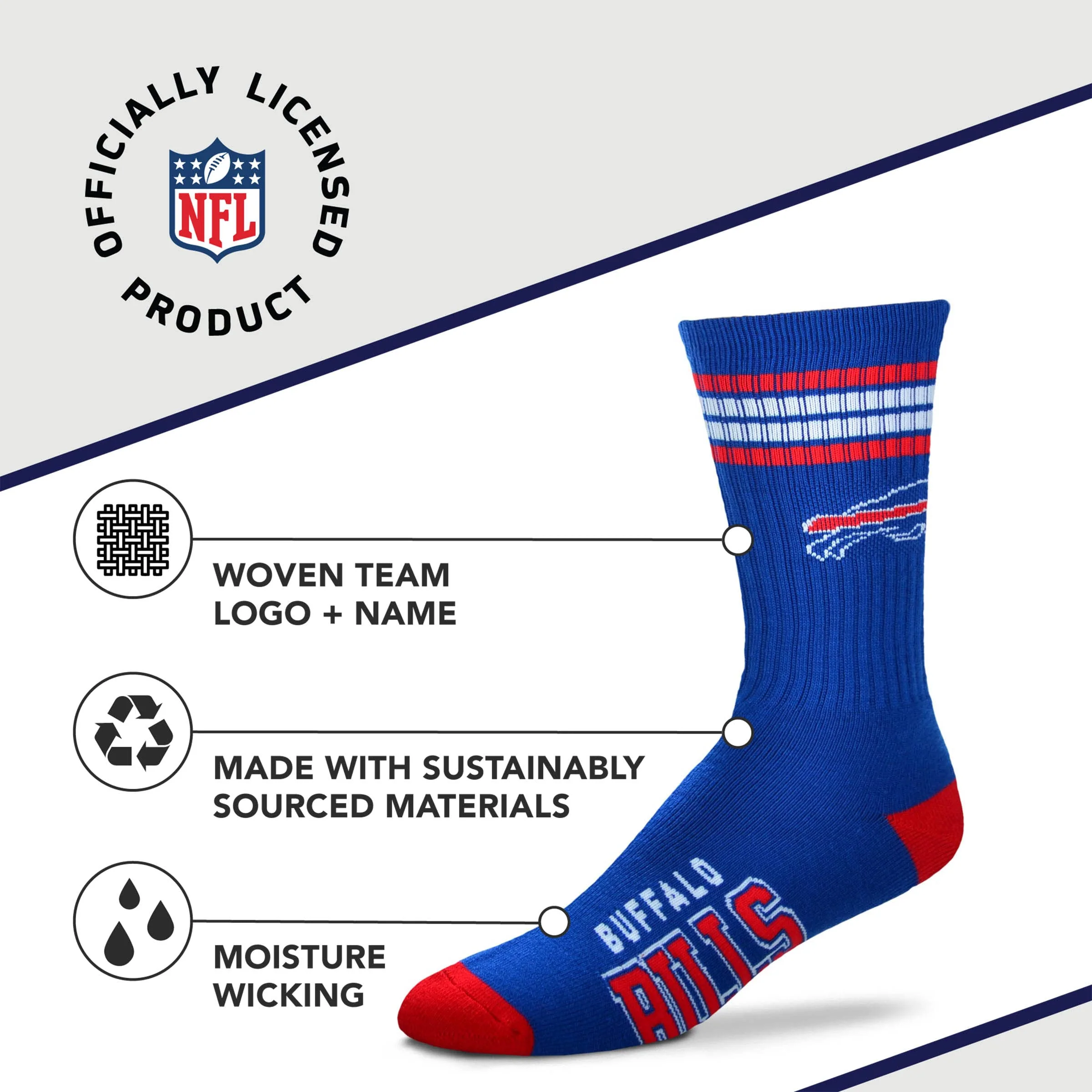For Bare Feet NFL Youth 4 Stripe Deuce Crew Sock, Buffalo Bills, One Size - Image 3