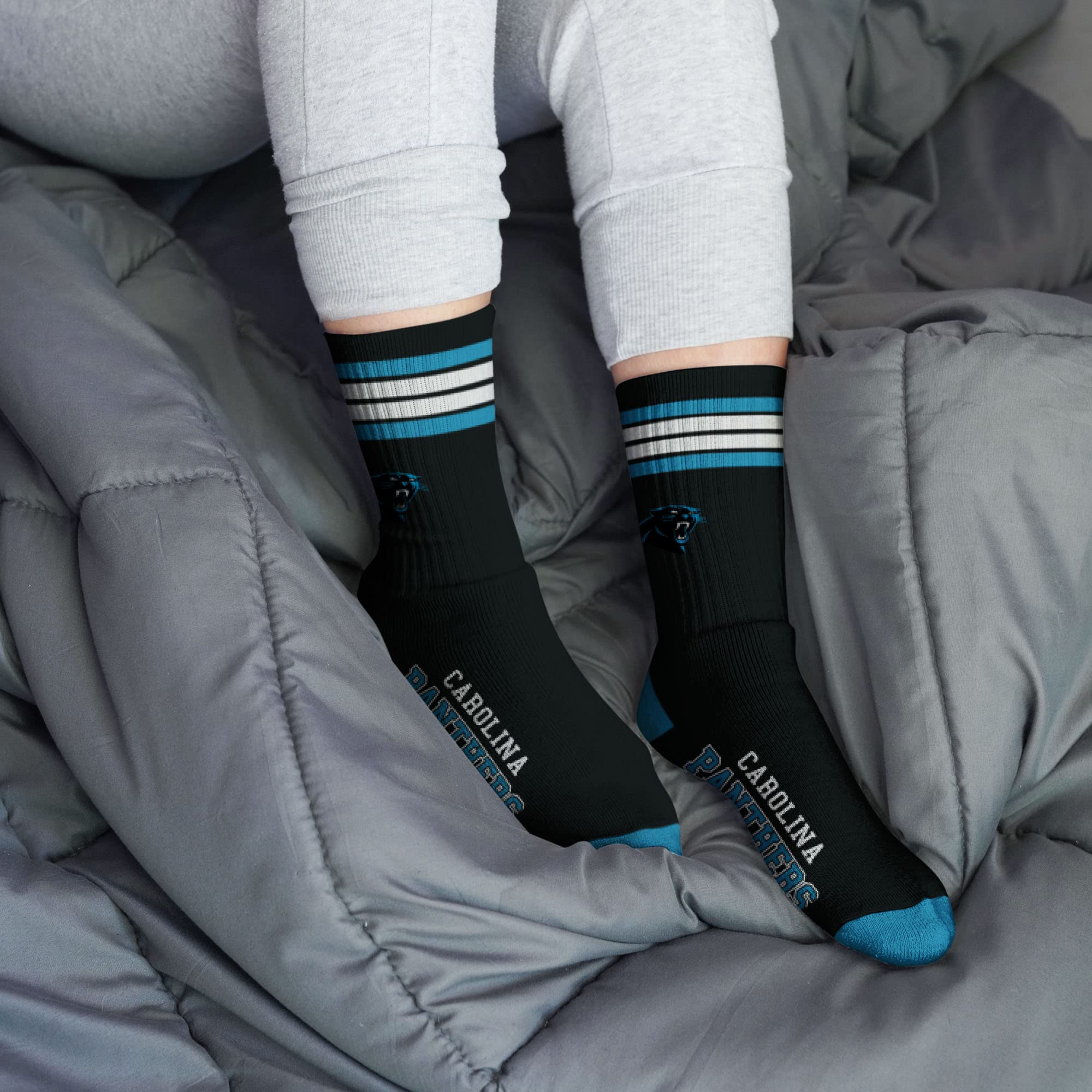 For Bare Feet NFL Youth 4 Stripe Deuce Crew Sock, Carolina Panthers, One Size - Image 2