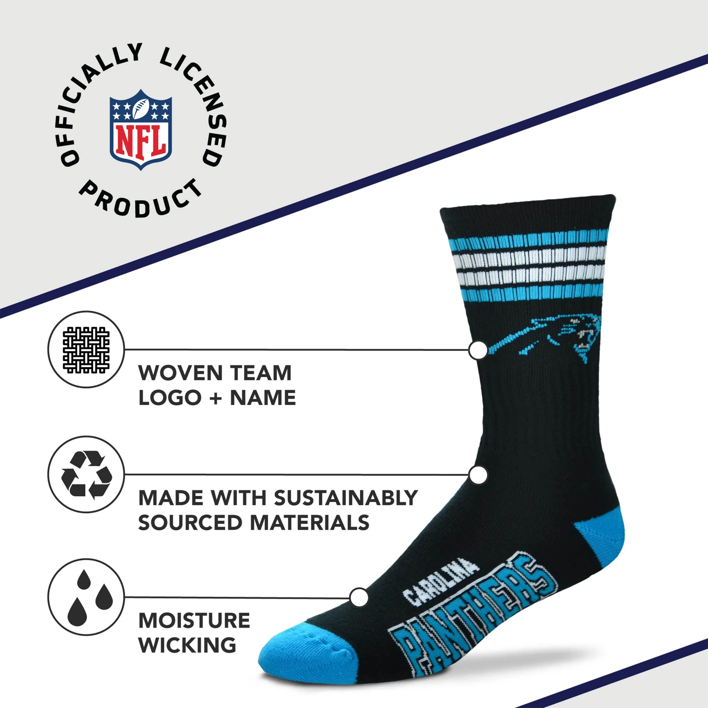 For Bare Feet NFL Youth 4 Stripe Deuce Crew Sock, Carolina Panthers, One Size - Image 3