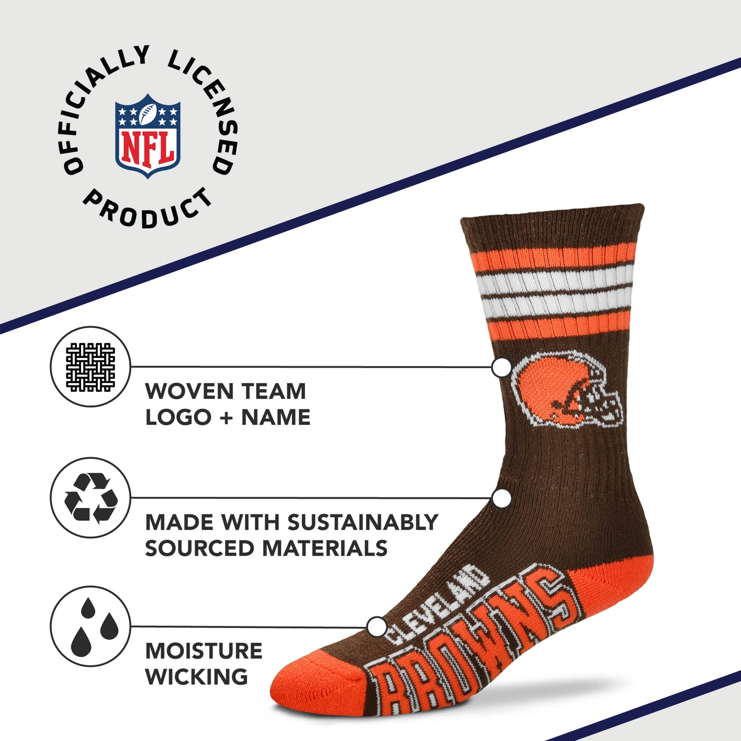 For Bare Feet NFL Youth 4 Stripe Deuce Crew Sock, Cleveland Browns, One Size - Image 3