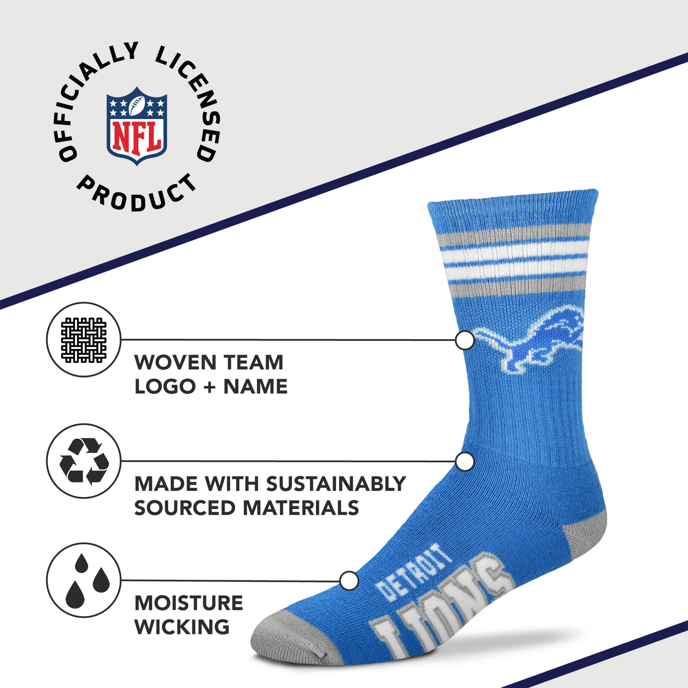 For Bare Feet NFL Youth 4 Stripe Deuce Crew Sock, Detroit Lions, One Size - Image 3