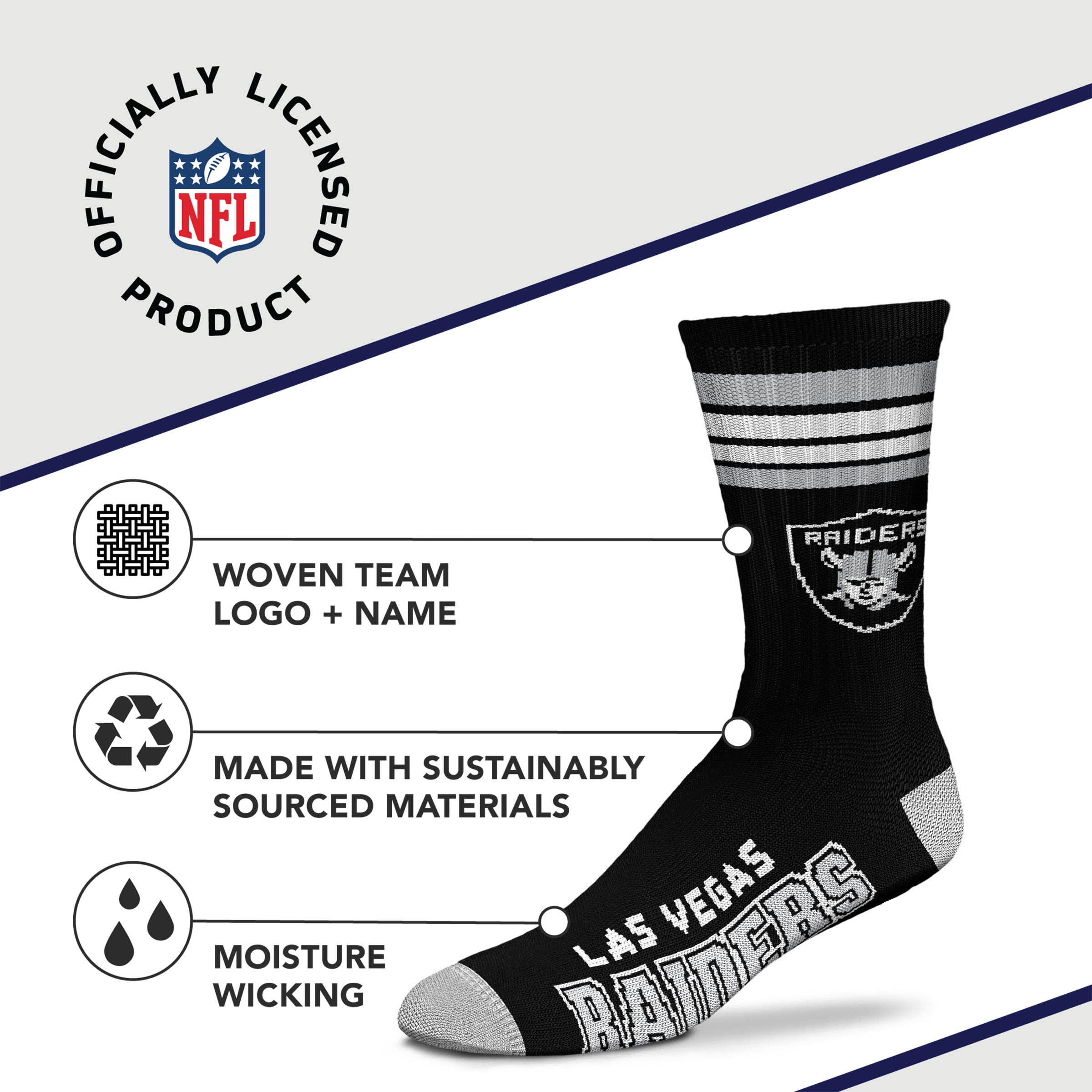 For Bare Feet NFL Youth 4 Stripe Deuce Crew Sock, Las Vegas Raiders, One Size - Image 4