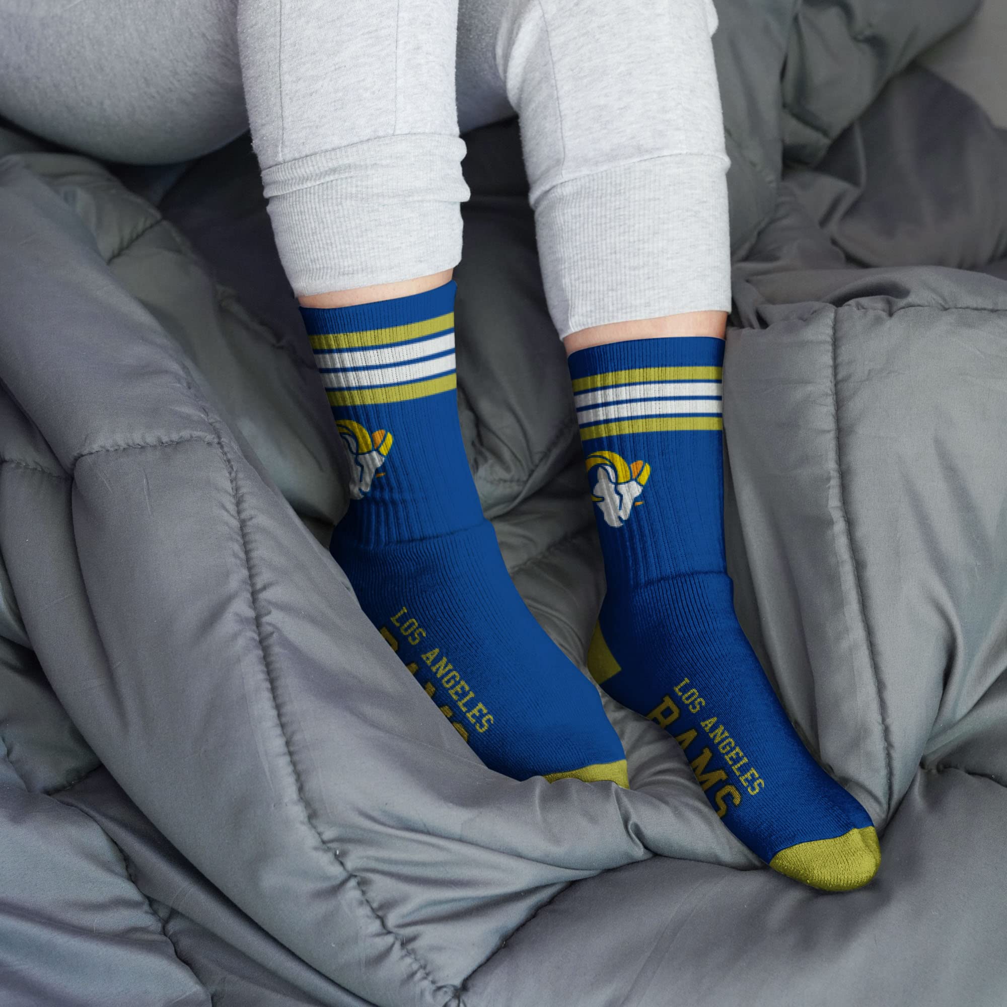 For Bare Feet NFL Youth 4 Stripe Deuce Crew Sock, Los Angeles Rams, One Size - Image 2