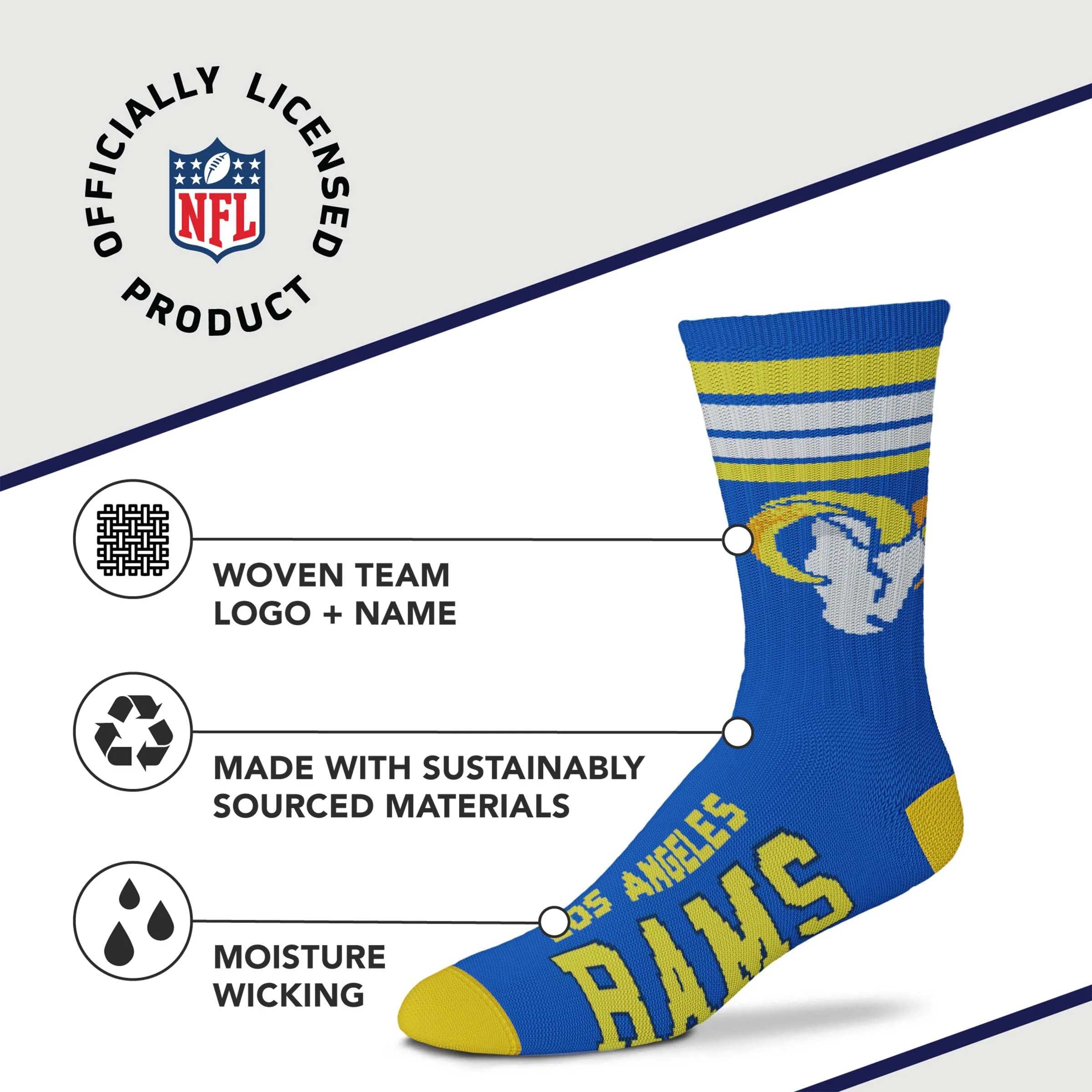 For Bare Feet NFL Youth 4 Stripe Deuce Crew Sock, Los Angeles Rams, One Size - Image 3