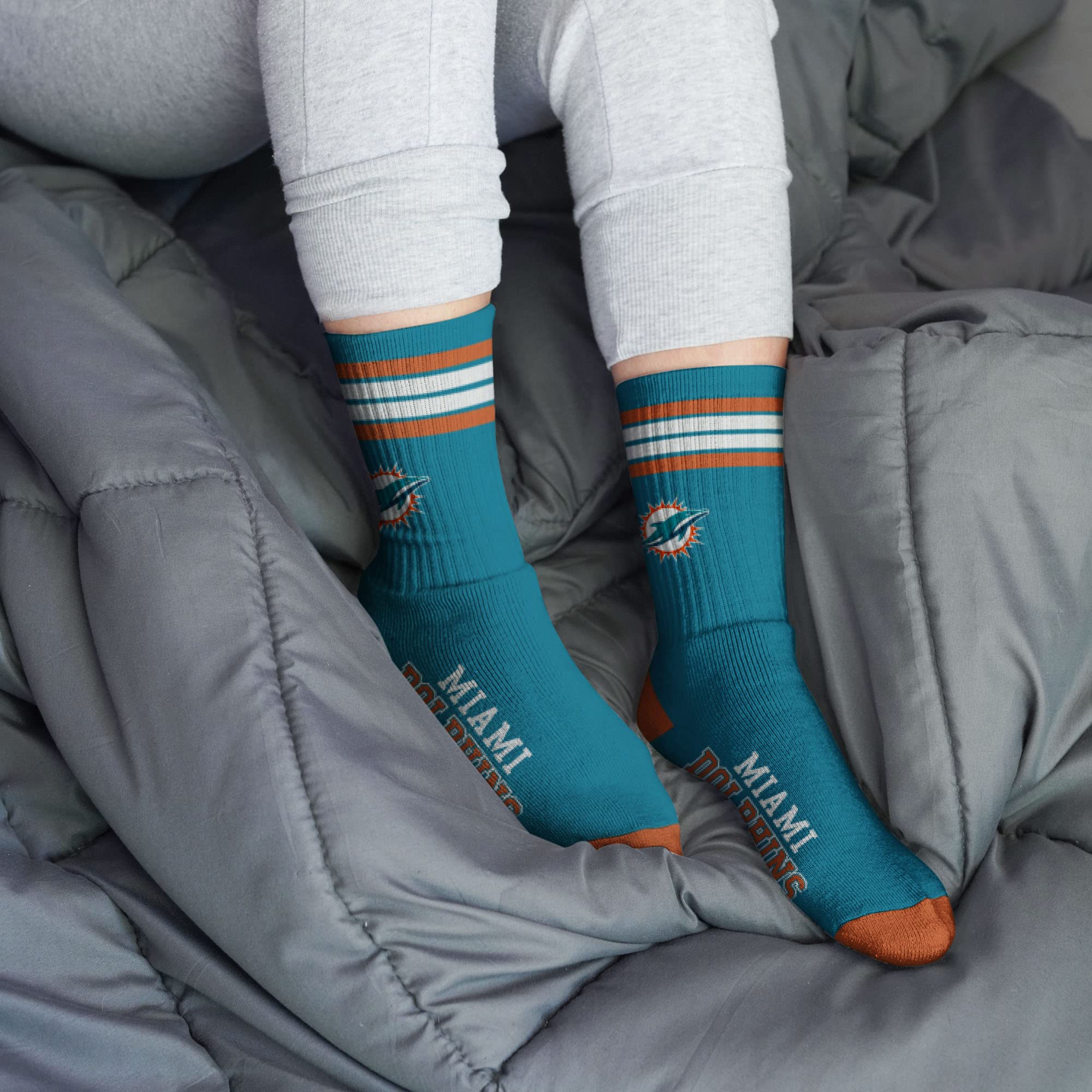 For Bare Feet NFL Youth 4 Stripe Deuce Crew Sock, Miami Dolphins, One Size - Image 2