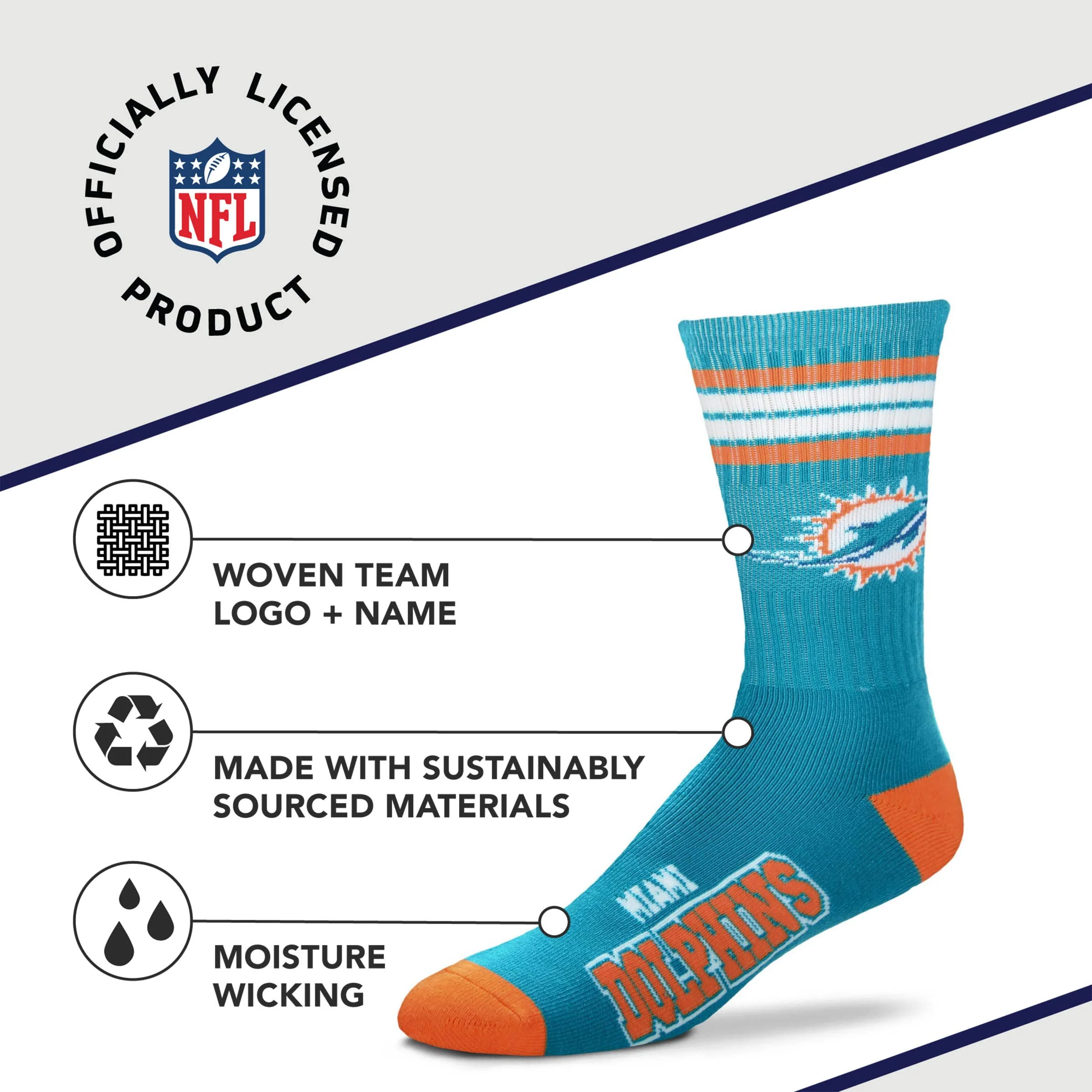 For Bare Feet NFL Youth 4 Stripe Deuce Crew Sock, Miami Dolphins, One Size - Image 3