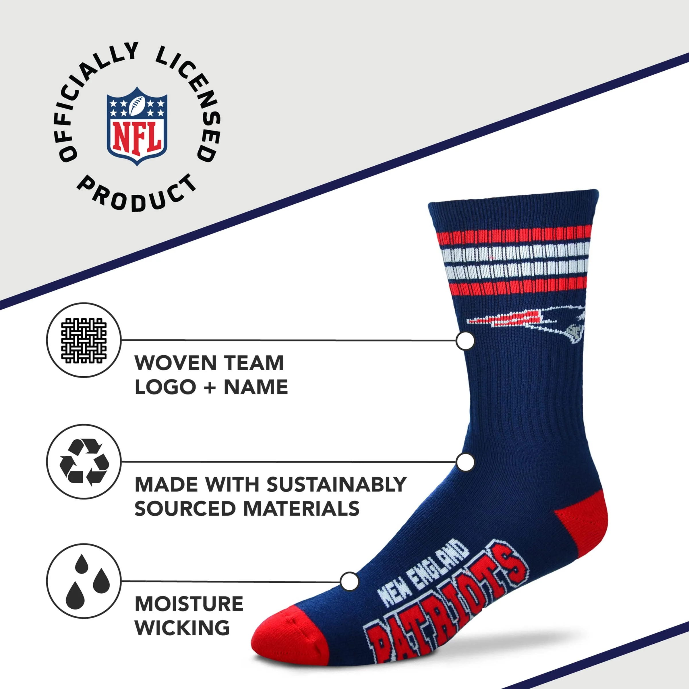 For Bare Feet NFL Youth 4 Stripe Deuce Crew Sock, New England Patriots, One Size - Image 3