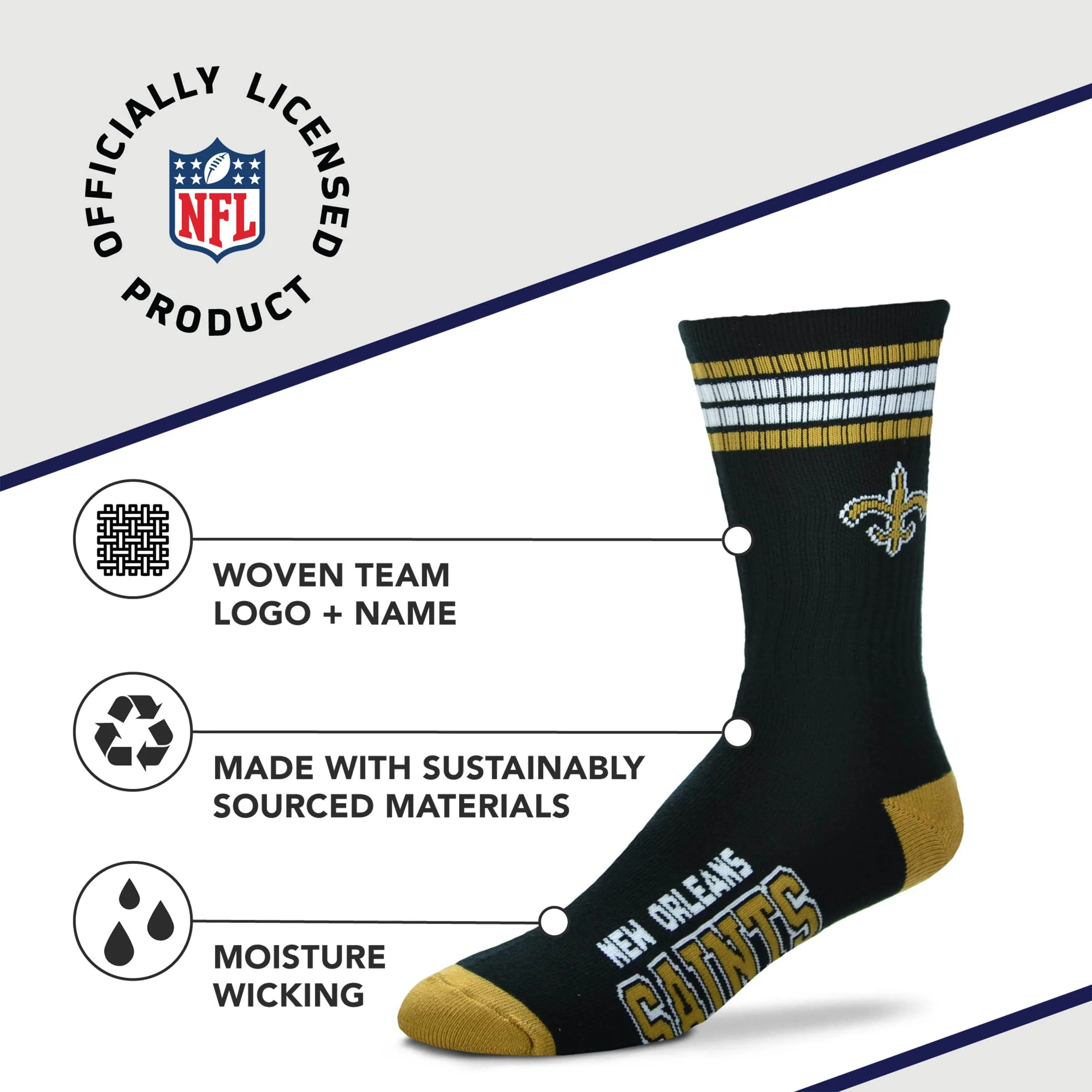 For Bare Feet NFL Youth 4 Stripe Deuce Crew Sock, New Orleans Saints, One Size - Image 3