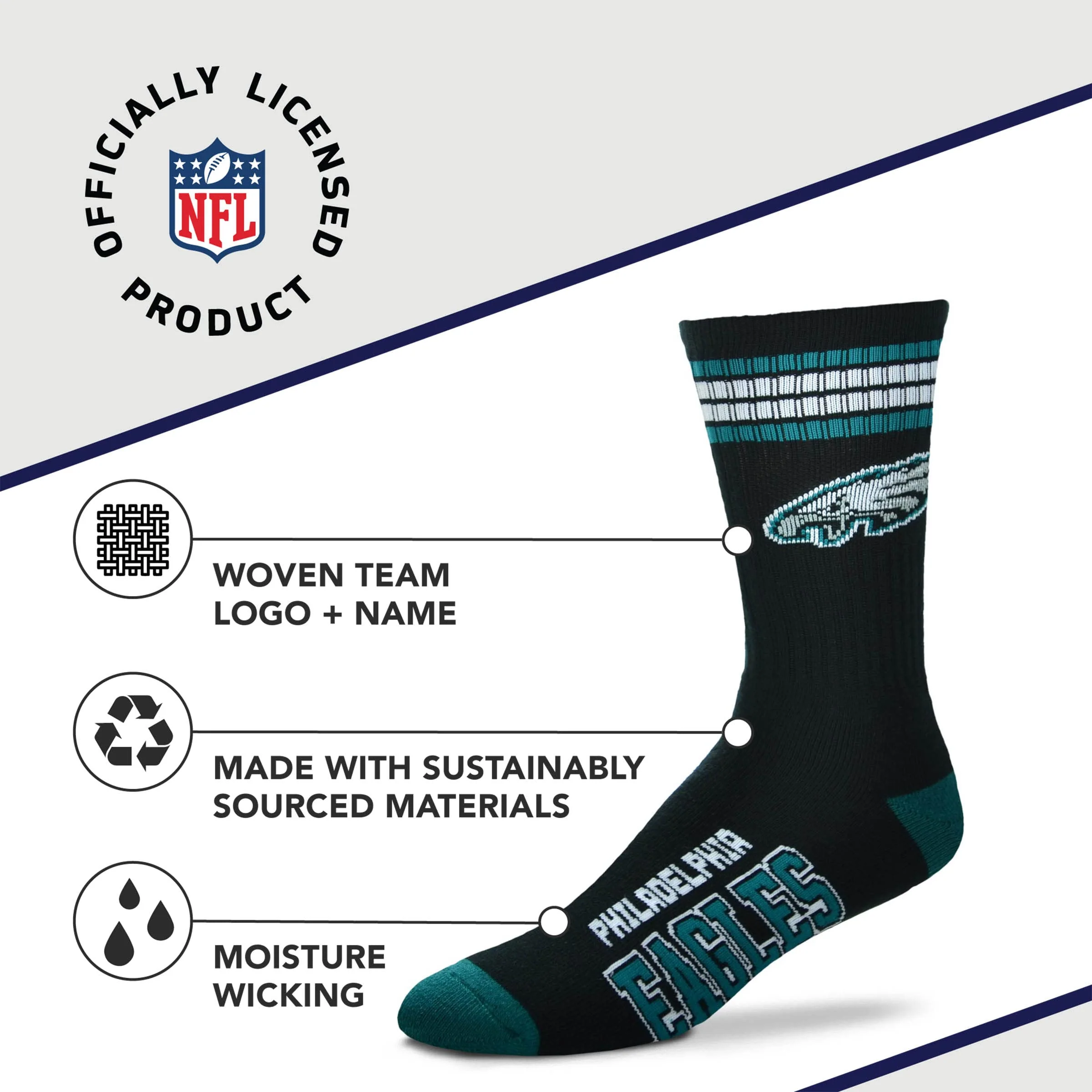 For Bare Feet NFL Youth 4 Stripe Deuce Crew Sock, Philadelphia Eagles, One Size - Image 3