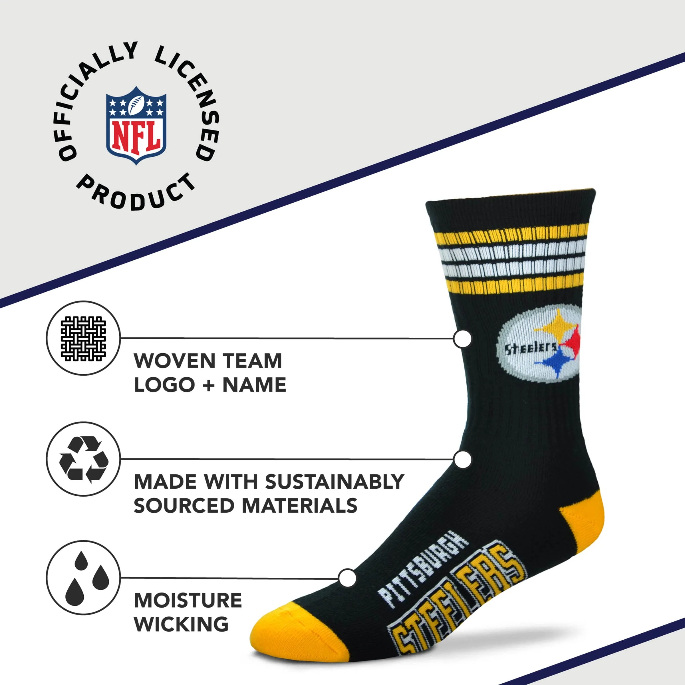 For Bare Feet NFL Youth 4 Stripe Deuce Crew Sock, Pittsburgh Steelers, One Size - Image 3