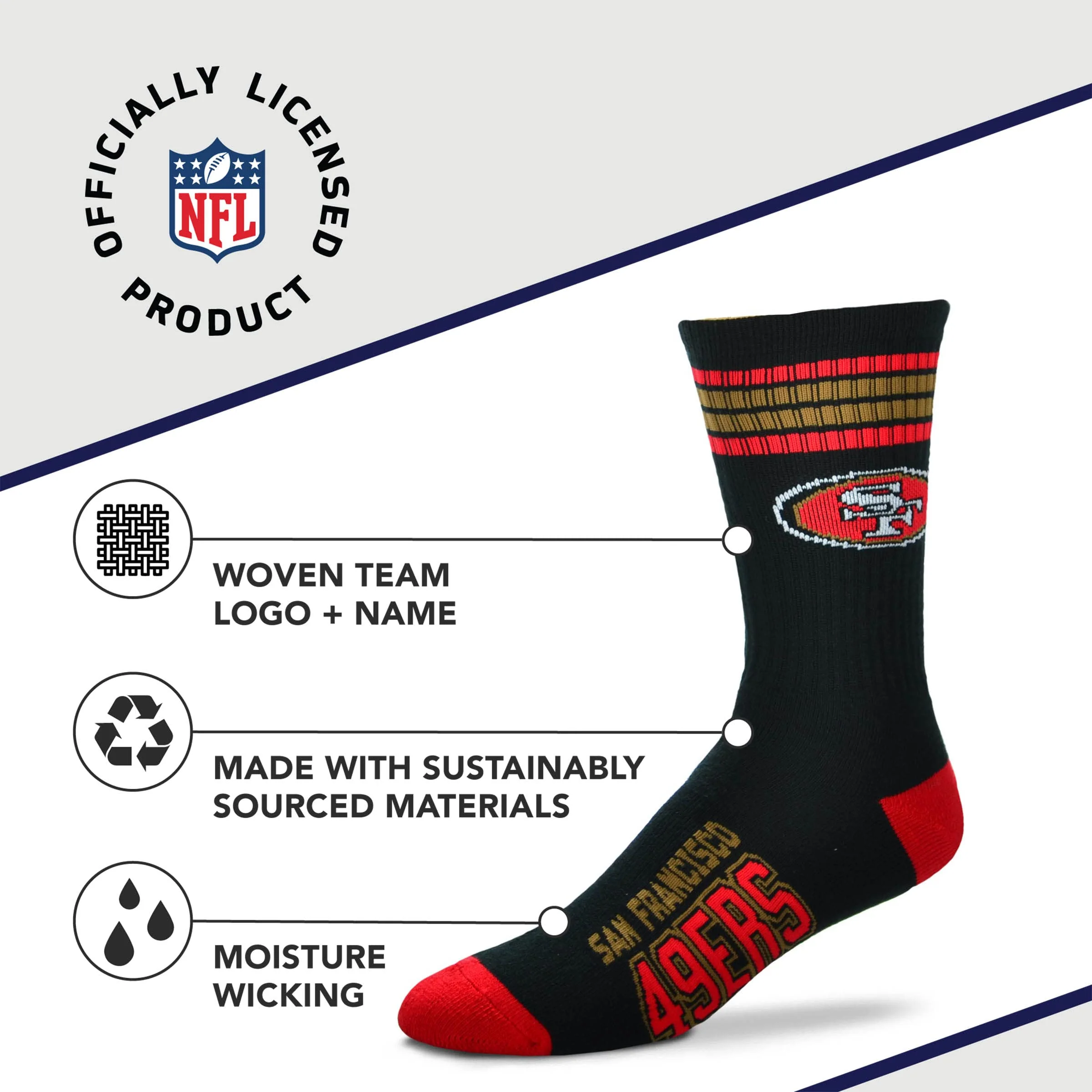 For Bare Feet NFL Youth 4 Stripe Deuce Crew Sock, San Francisco 49ers, One Size - Image 3
