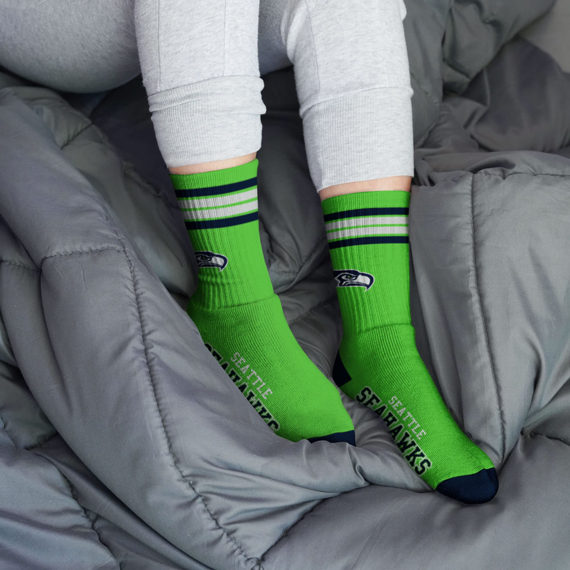 For Bare Feet NFL Youth 4 Stripe Deuce Crew Sock, Seattle Seahawks, One Size - Image 2