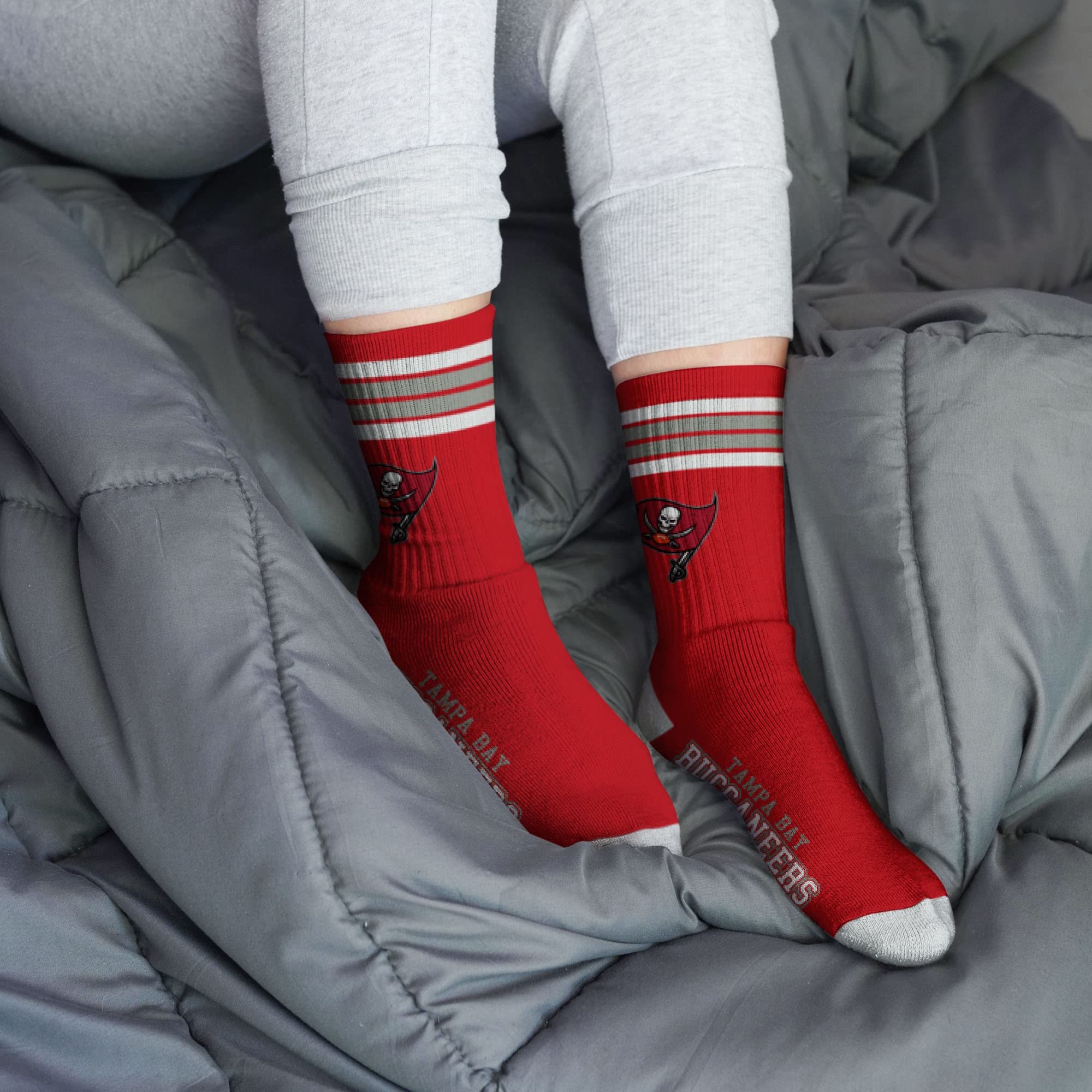 For Bare Feet NFL Youth 4 Stripe Deuce Crew Sock, Tampa Bay Buccaneers, One Size - Image 2
