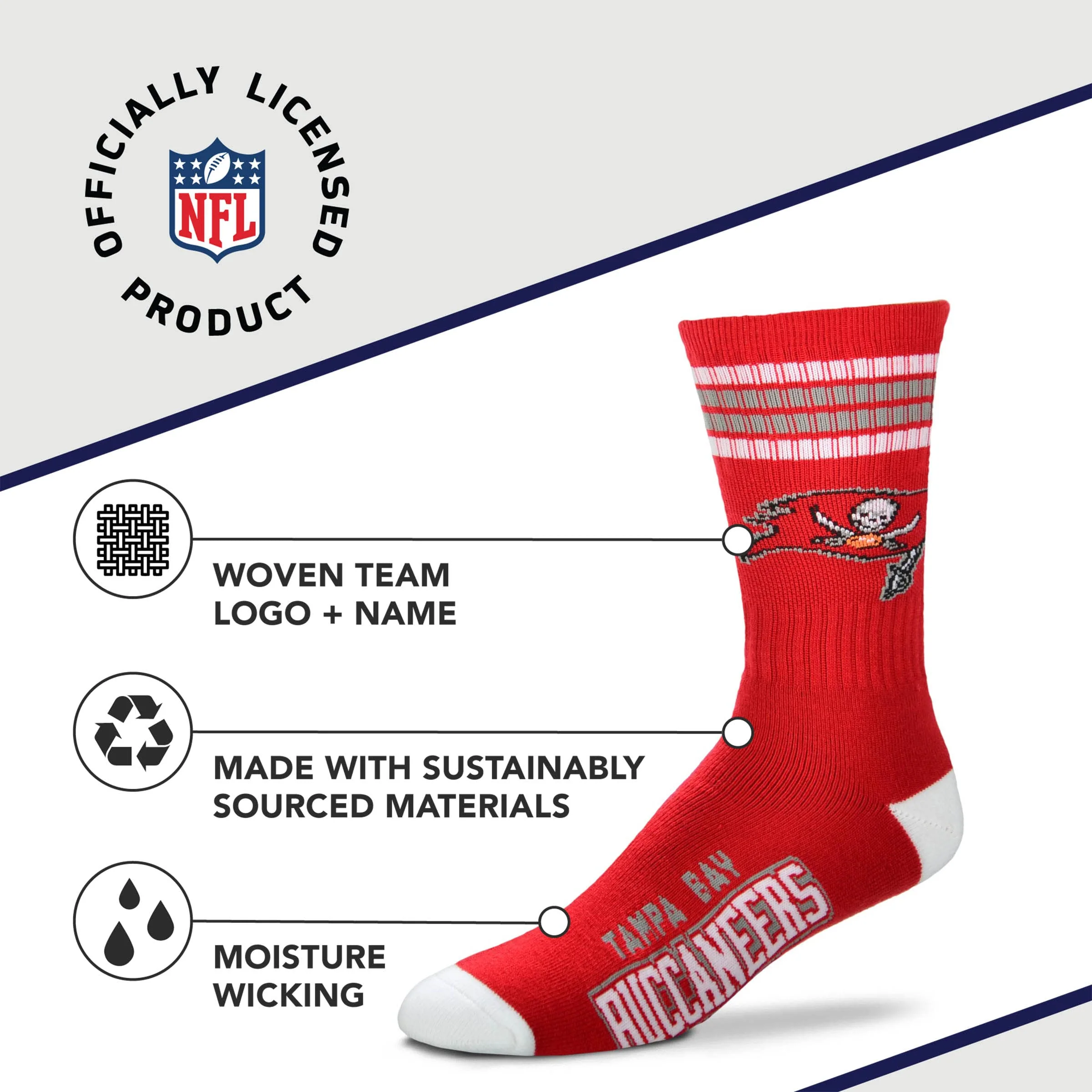 For Bare Feet NFL Youth 4 Stripe Deuce Crew Sock, Tampa Bay Buccaneers, One Size - Image 3