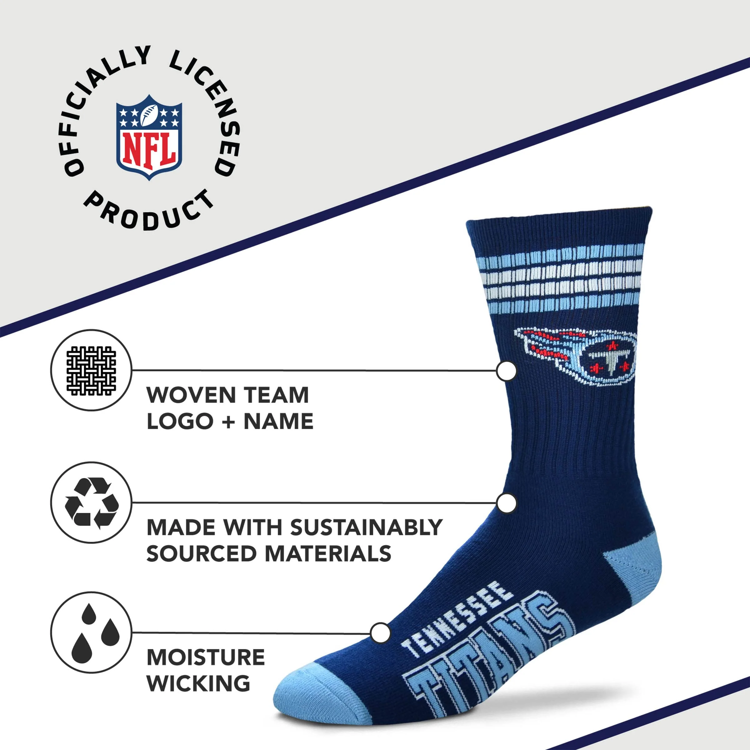 For Bare Feet NFL Youth 4 Stripe Deuce Crew Sock, Tennessee Titans, One Size - Image 3