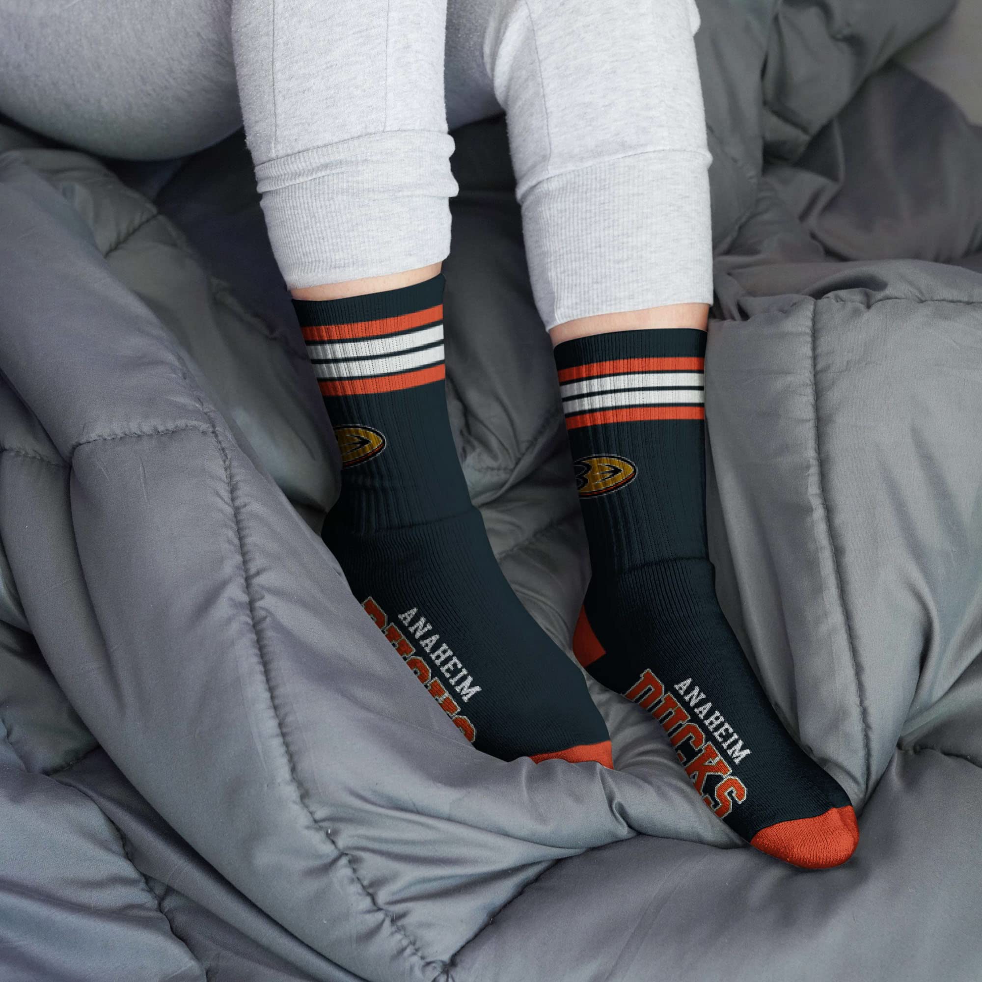 For Bare Feet NHL Anaheim Ducks 4 Stripe Deuce Crew Sock Team Color MEDIUM - Image 2