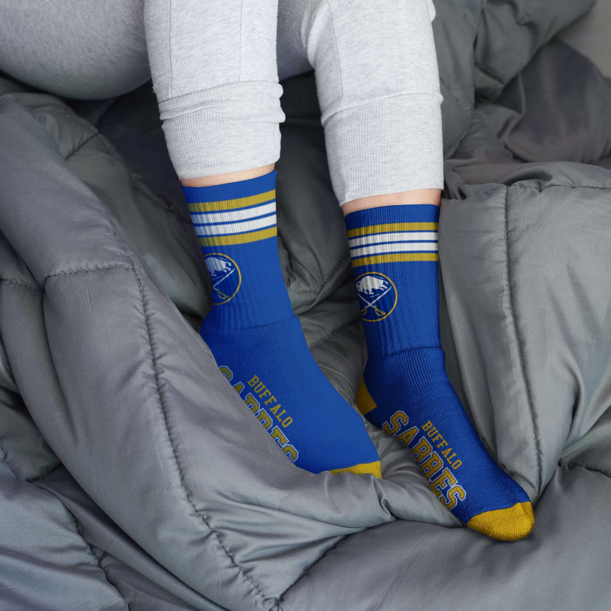 For Bare Feet NHL Buffalo Sabres 4 Stripe Deuce Crew Sock Team Color MEDIUM - Image 2