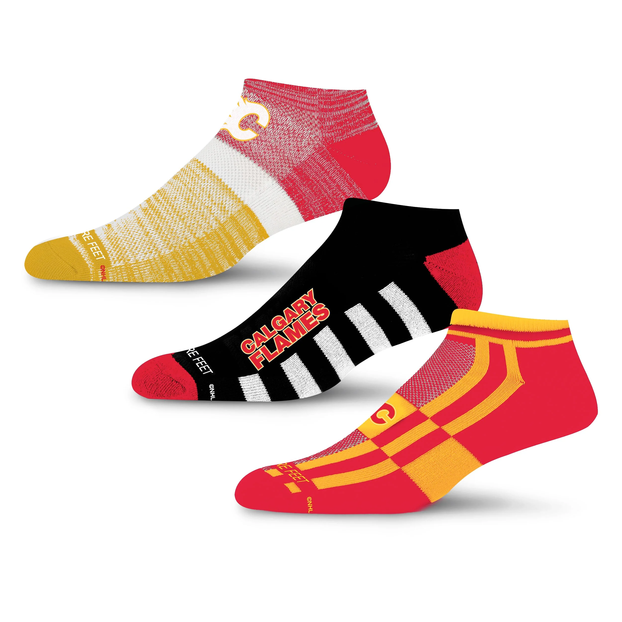 For Bare Feet NHL CALGARY FLAMES Stripe Stack 3 Pack Ankle Sock Team Colors Large