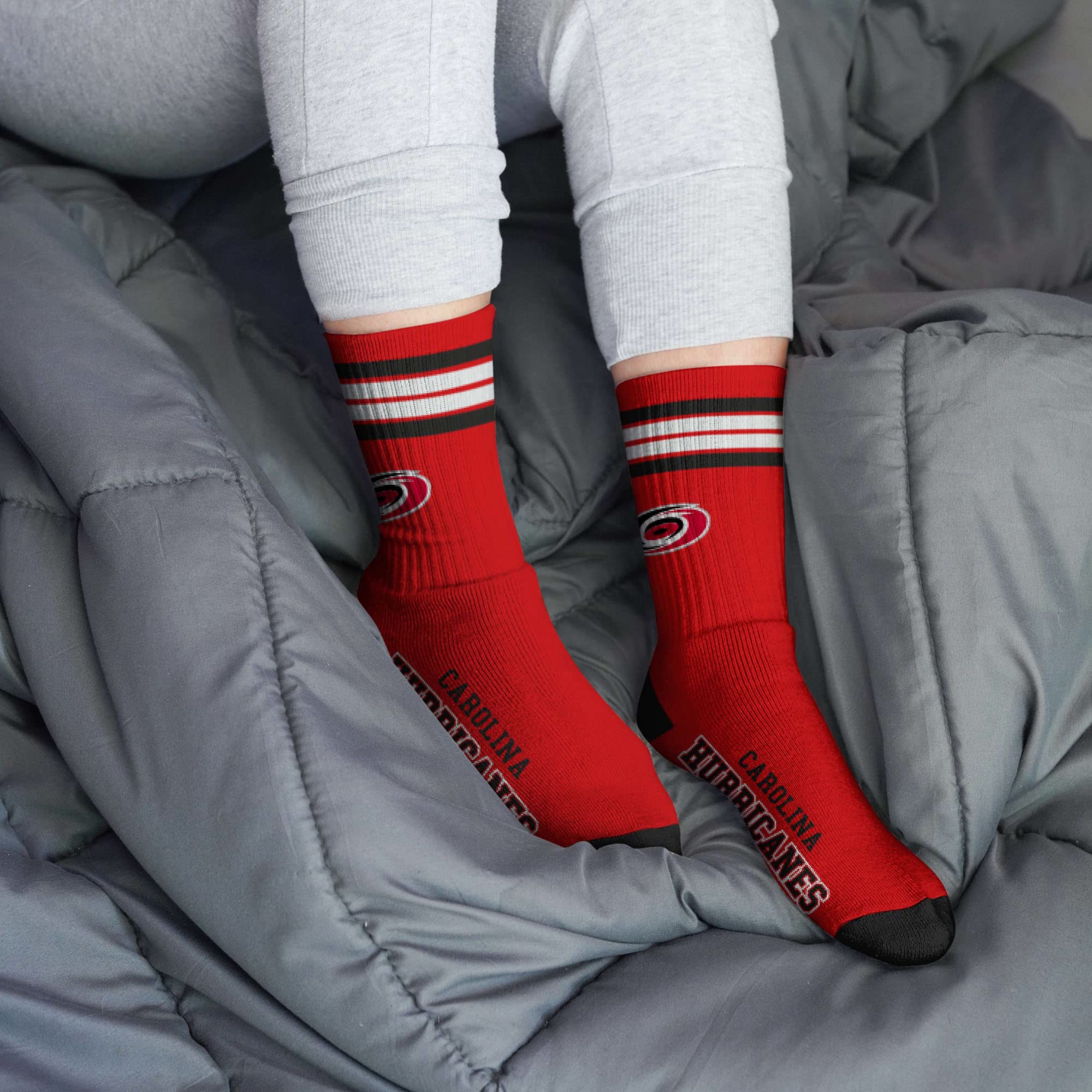 For Bare Feet NHL Carolina Hurricanes 4 Stripe Deuce Crew Sock Team Color LARGE - Image 2