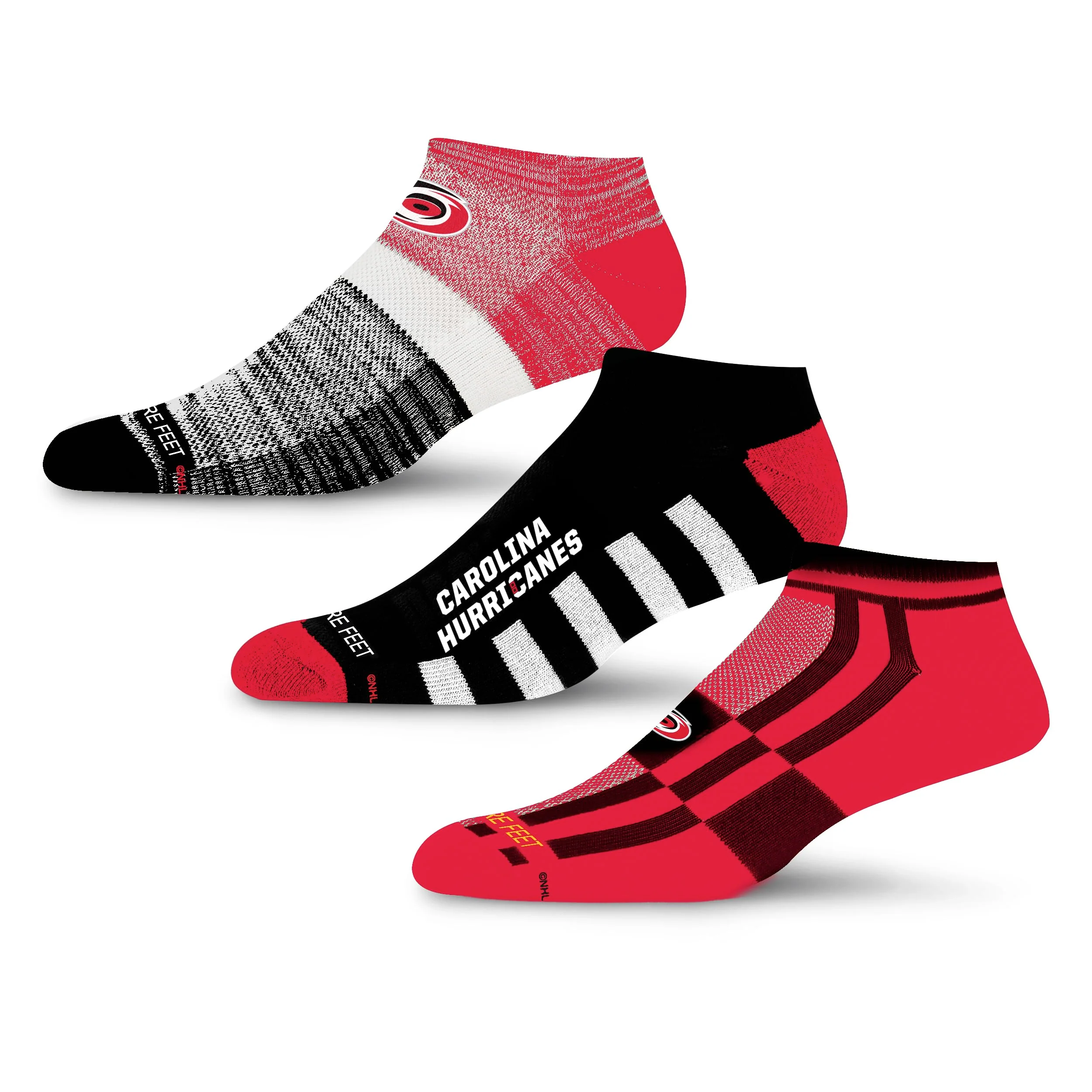 For Bare Feet NHL CAROLINA HURRICANES Stripe Stack 3 Pack Ankle Sock Team Colors Large