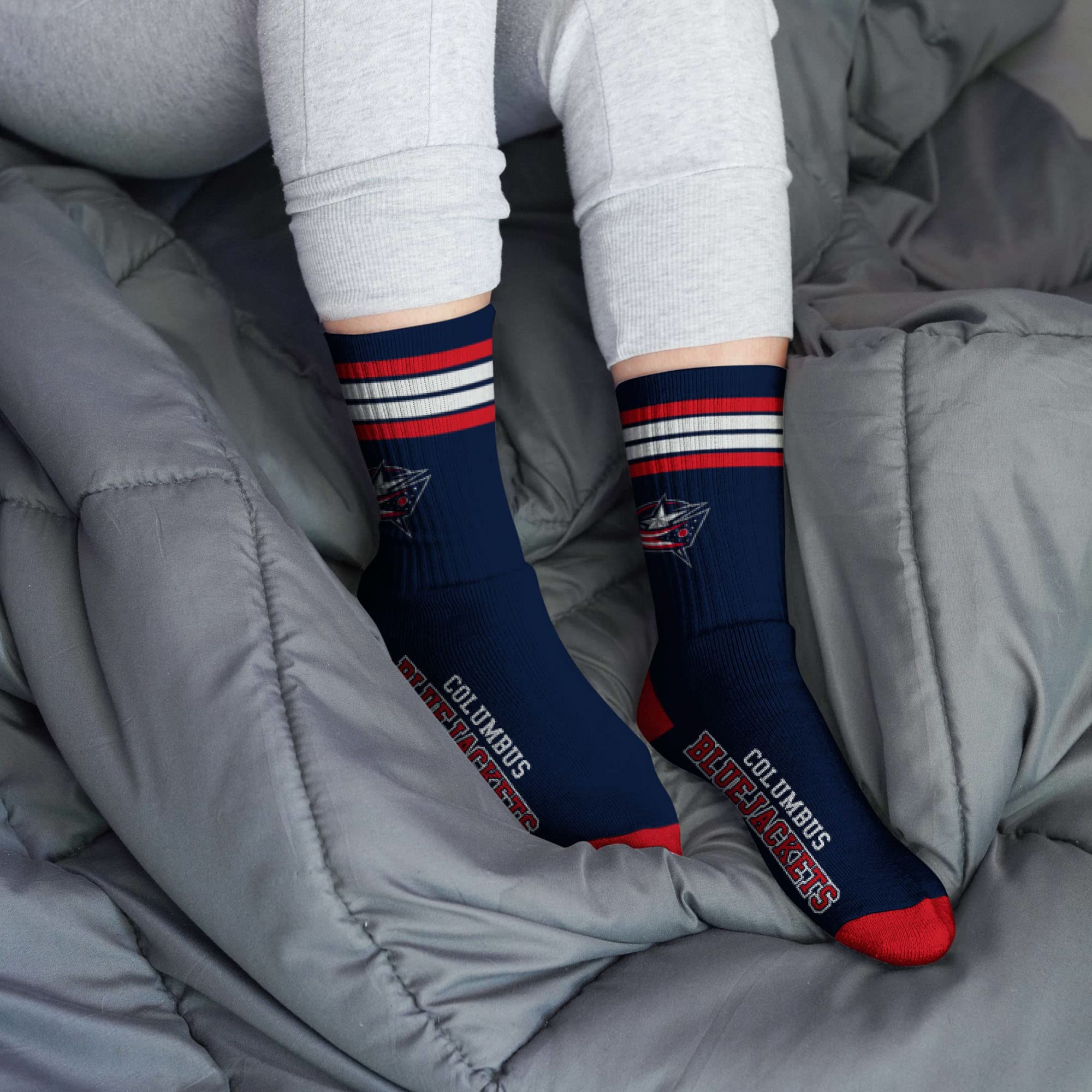 For Bare Feet NHL Columbus Blue Jackets 4 Stripe Deuce Crew Sock Team Color LARGE - Image 2