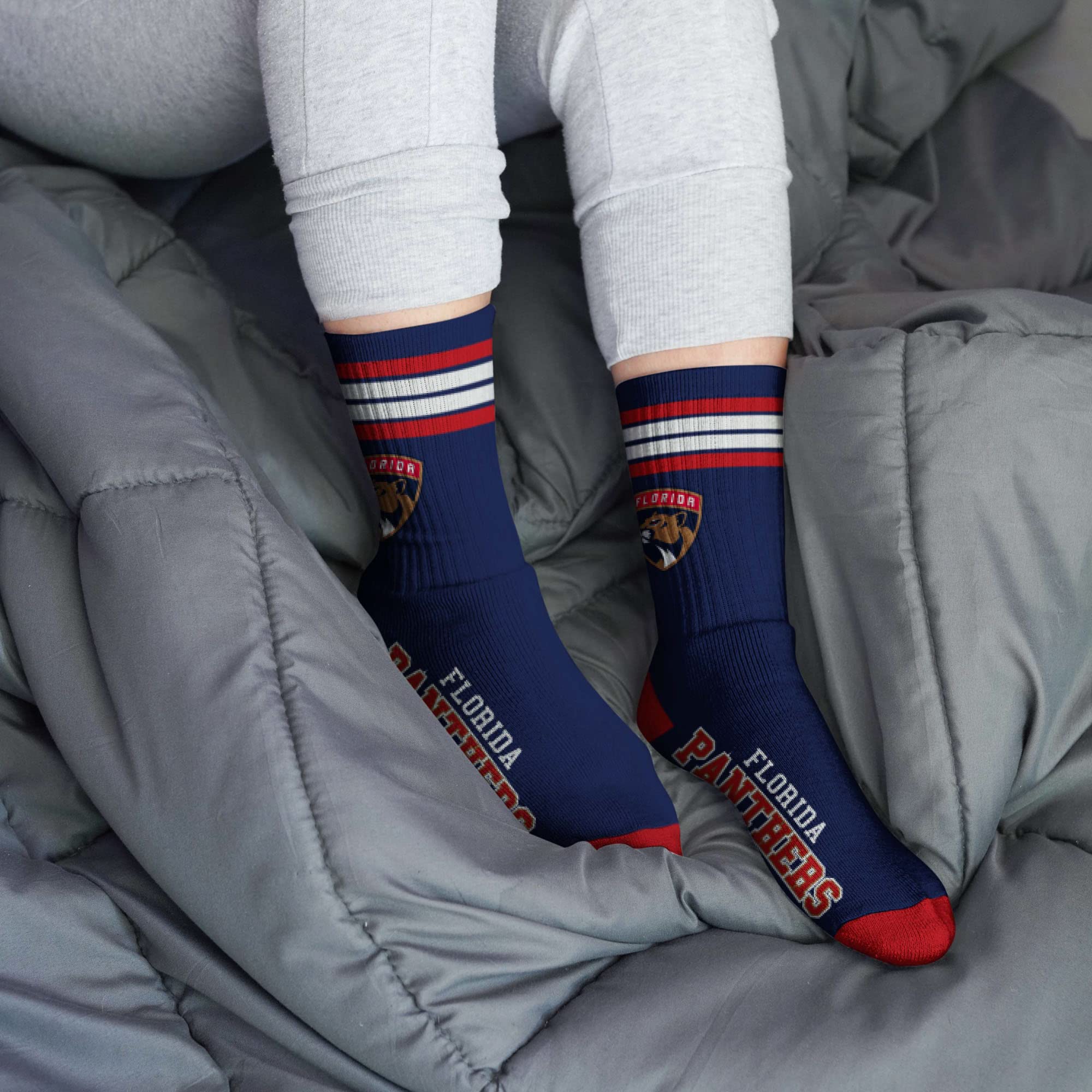 For Bare Feet NHL Florida Panthers 4 Stripe Deuce Crew Sock Team Color MEDIUM - Image 2