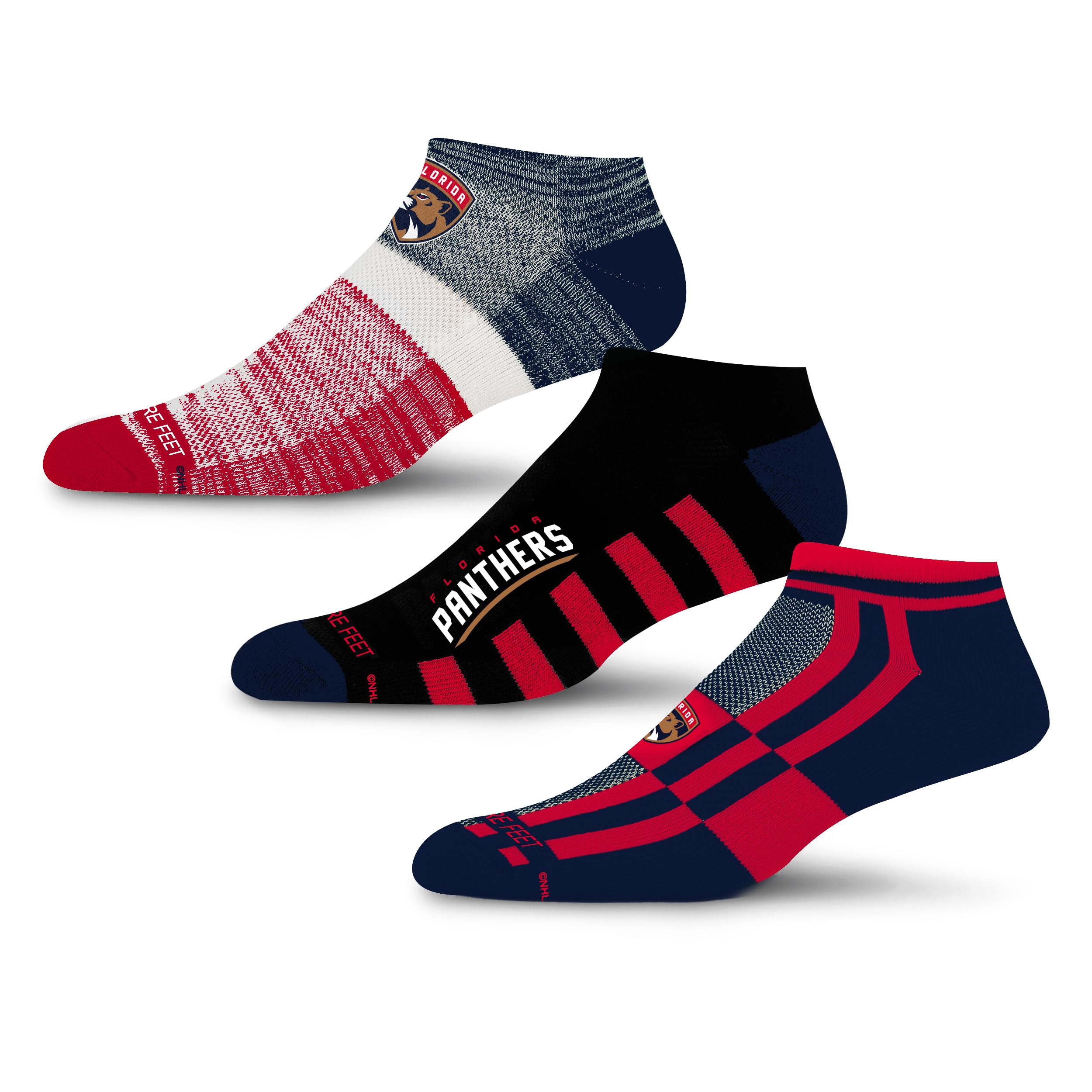 For Bare Feet NHL FLORIDA PANTHERS Stripe Stack 3 Pack Ankle Sock Team Colors Large