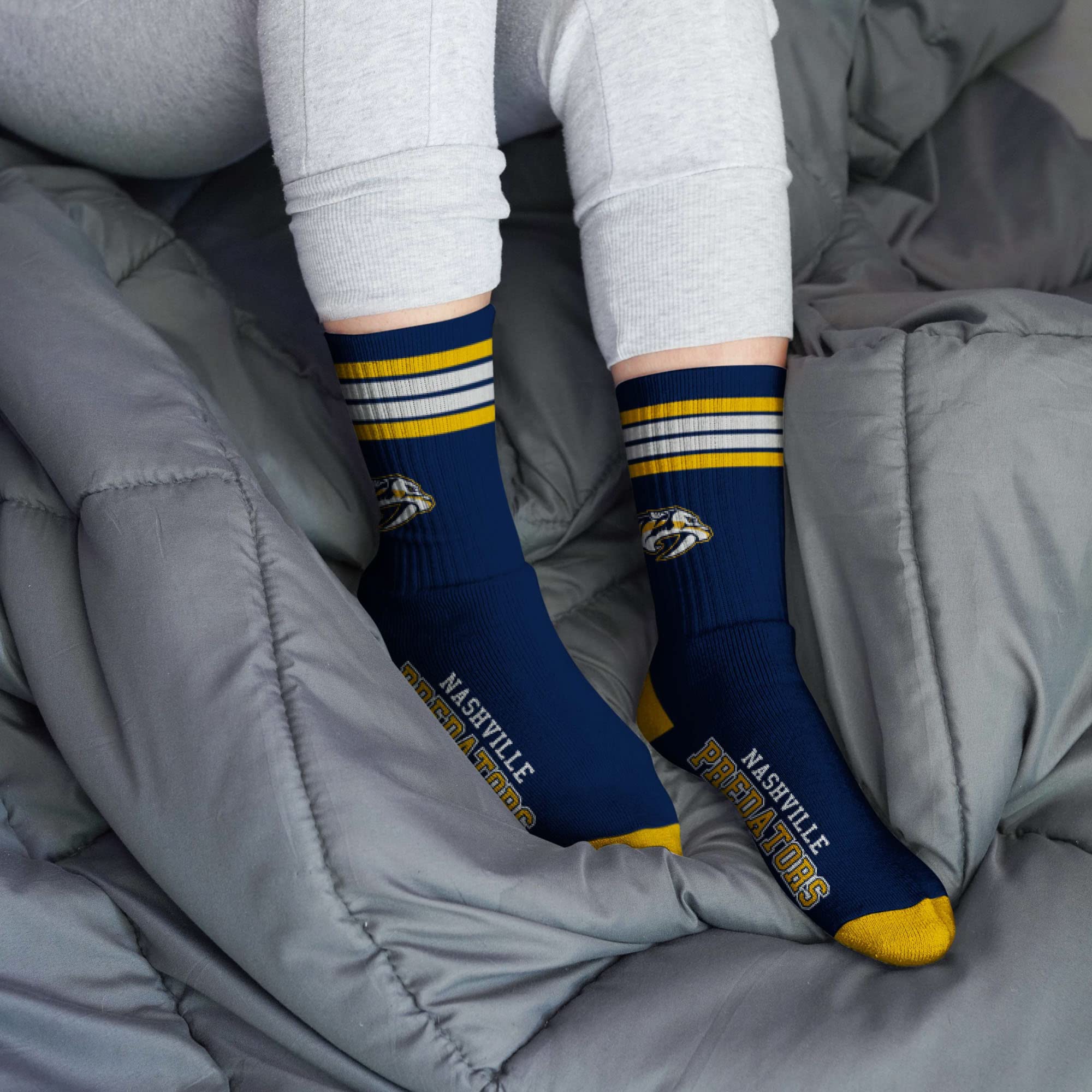 For Bare Feet NHL Nashville Predators 4 Stripe Deuce Crew Sock Team Color LARGE - Image 2
