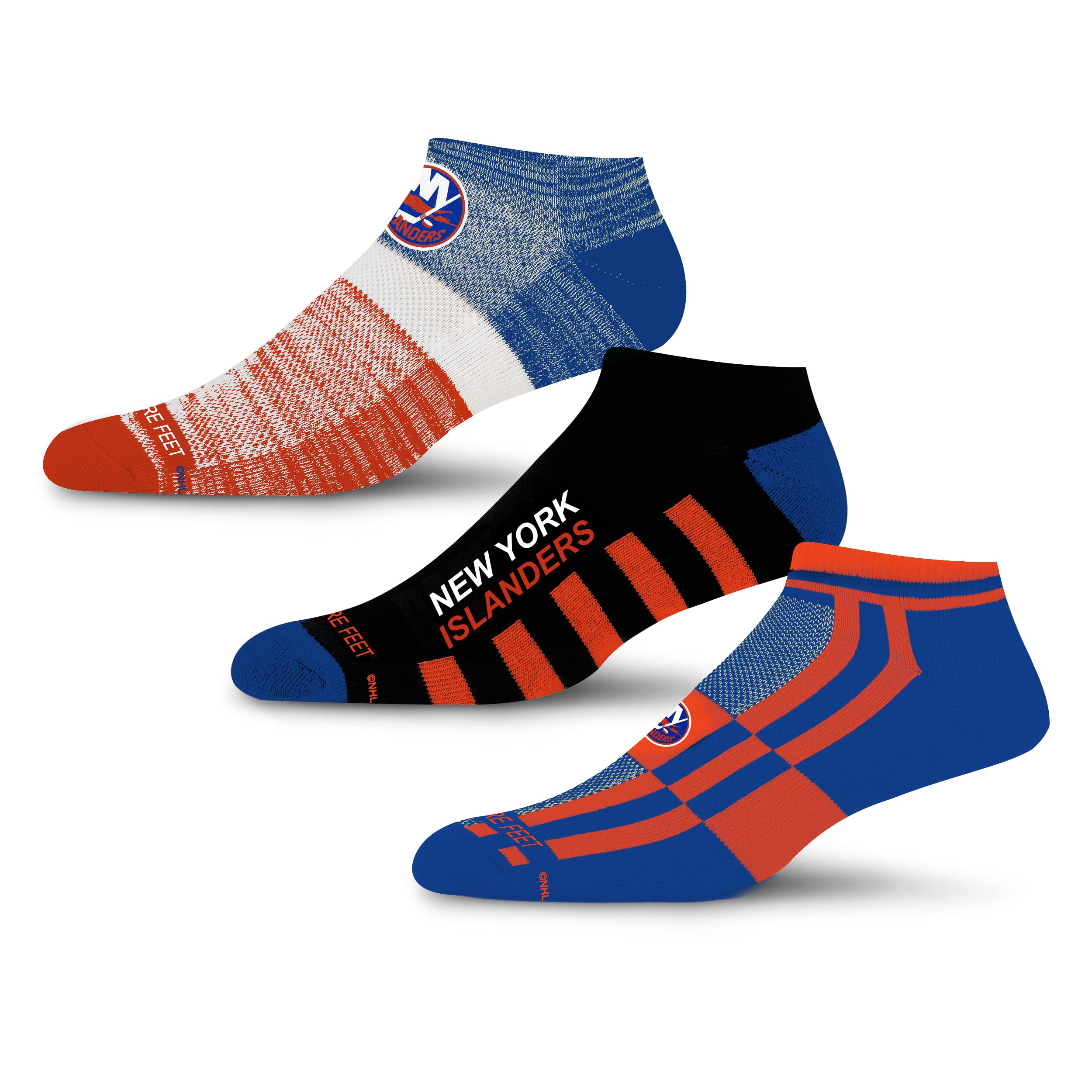 For Bare Feet NHL NEW YORK ISLANDERS Stripe Stack 3 Pack Ankle Sock Team Colors Large