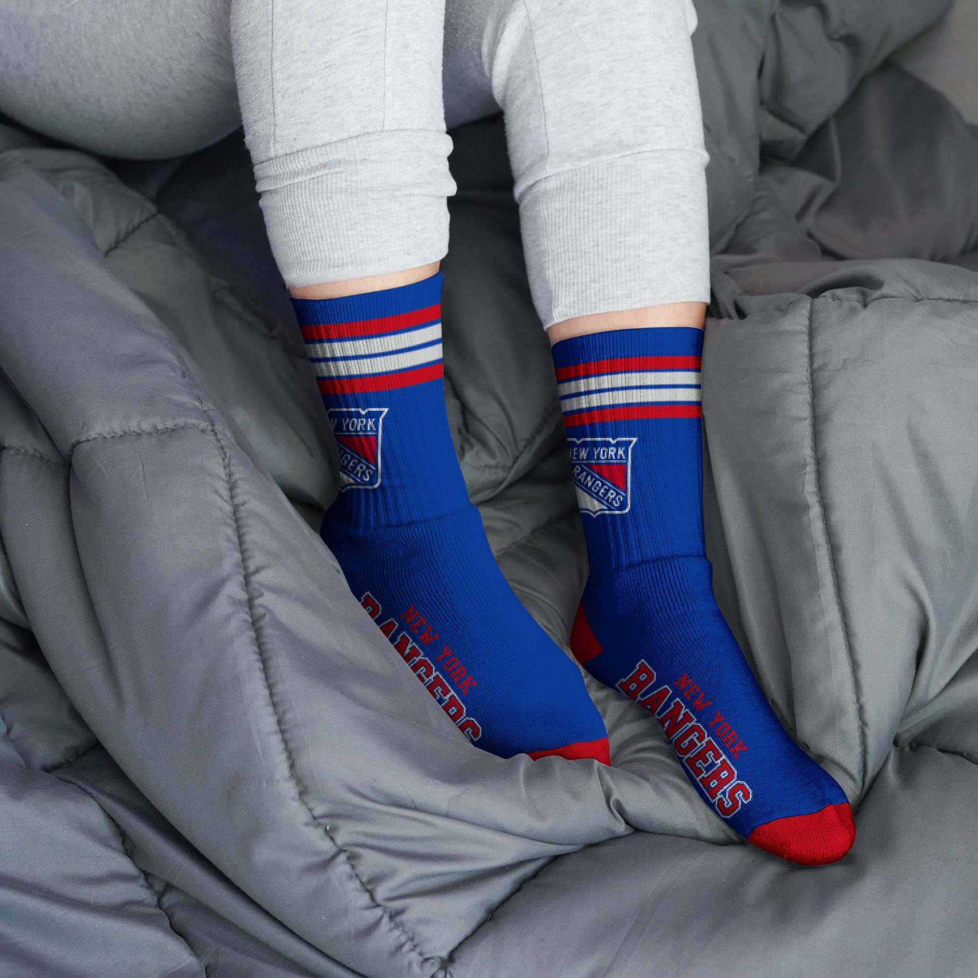 For Bare Feet NHL New York Rangers 4 Stripe Deuce Crew Sock Team Color LARGE - Image 2