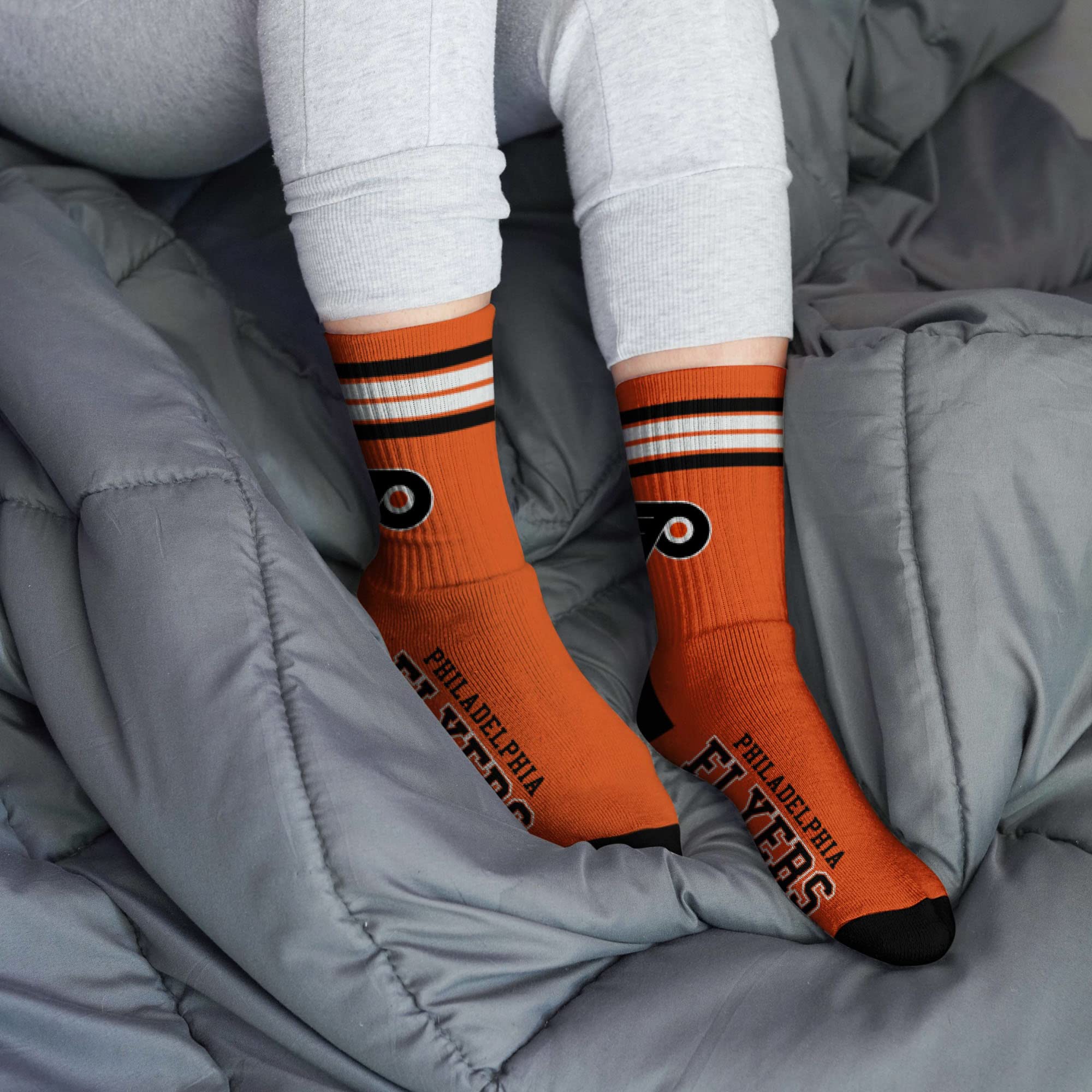 For Bare Feet NHL Philadelphia Flyers 4 Stripe Deuce Crew Sock Team Color MEDIUM - Image 2